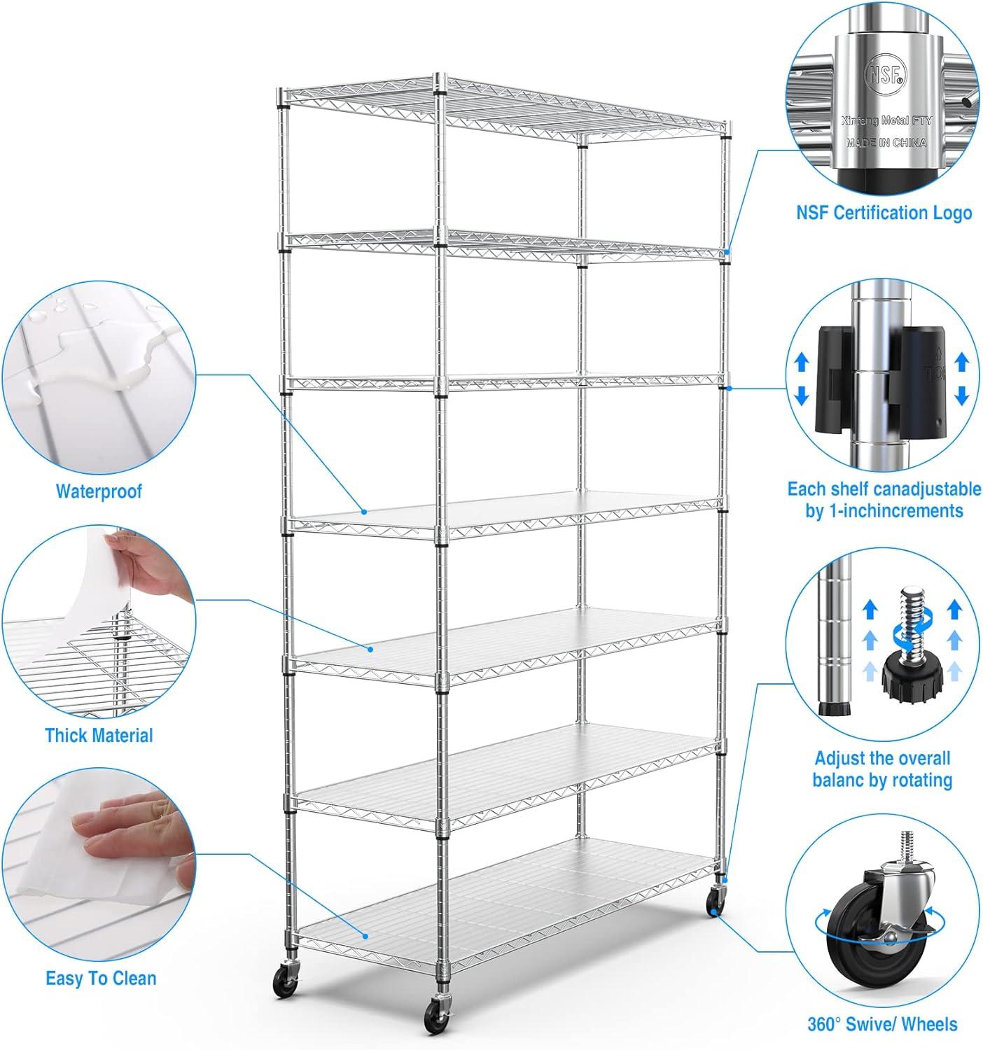 Chrome NSF 7 Tier Metal Shelf Wire Shelving Unit, 2450lbs Heavy Duty Adjustable Storage Rack with Wheels & Shelf Liners for Closet Kitchen Garage Basement Commercial Shelving - 82" H x 48" L x 18" D