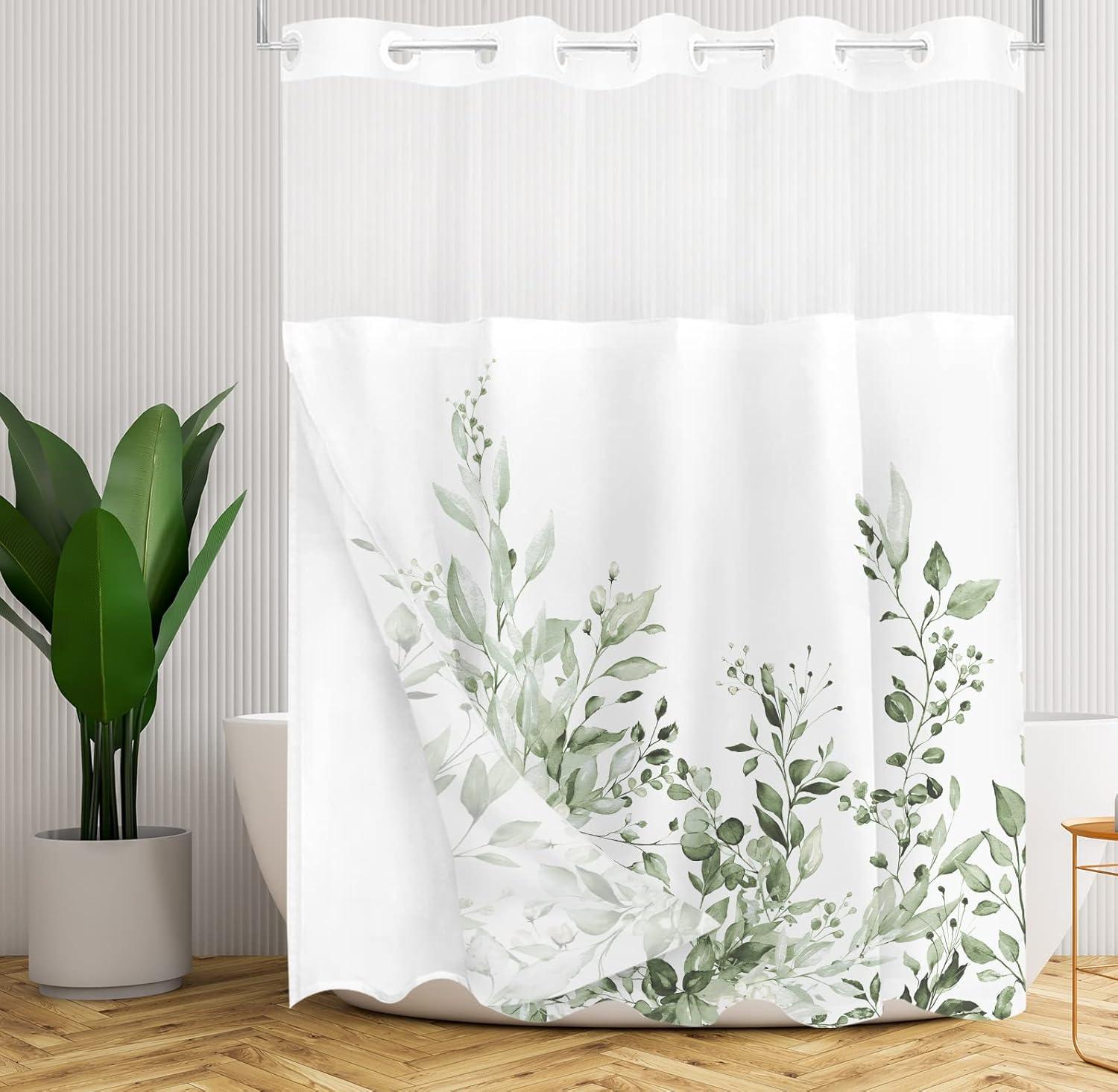 No Hook Shower Curtain with Snap in Liner, Eucalyptus Leaf Vintage Sage Green Leaves Hotel Shower Curtains for Bathroom, Washable Shower Curtain Liner Set with Mesh Top Window, 66"x72"