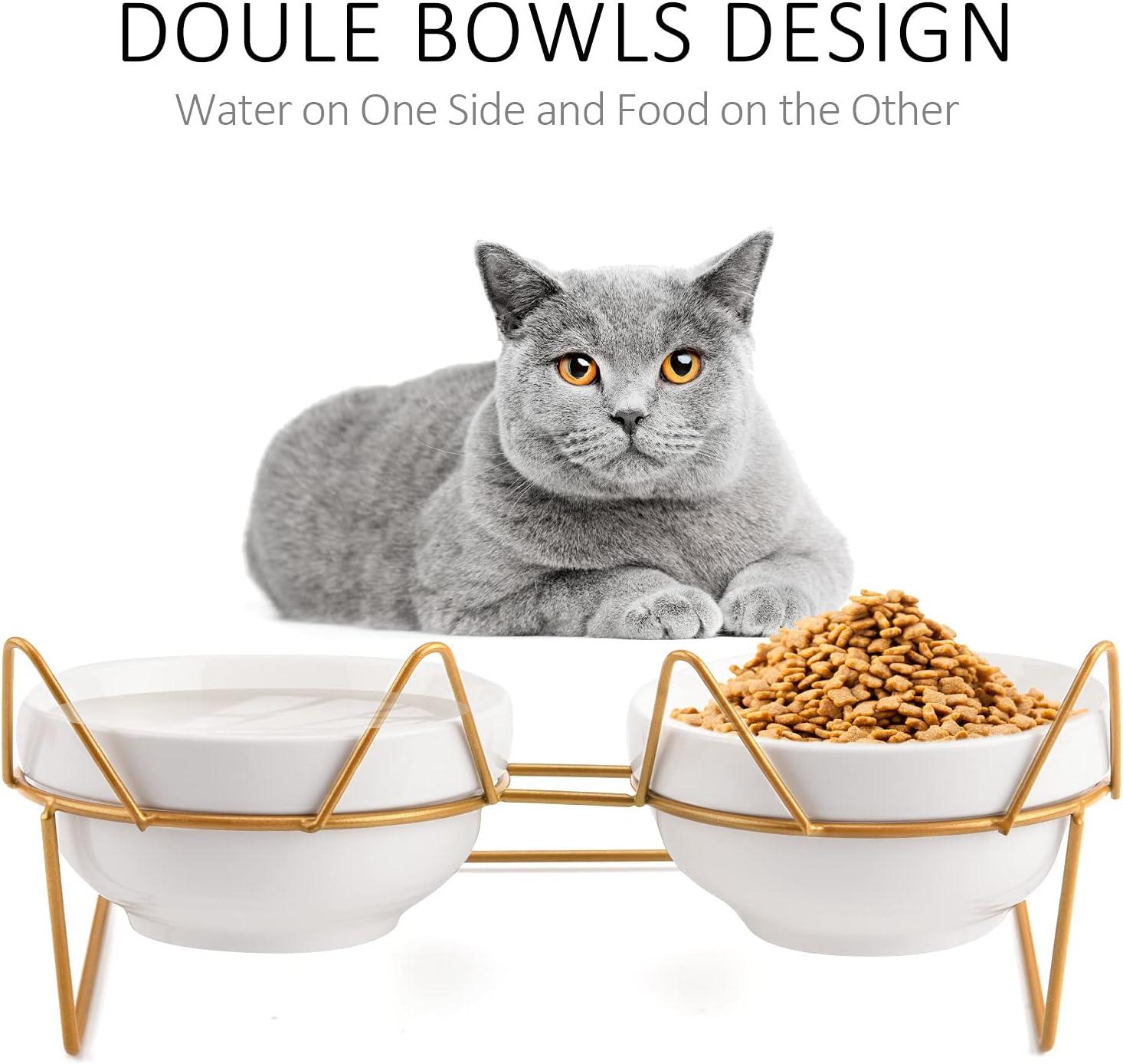 Double White Ceramic Pet Bowls with Gold Tilted Stand