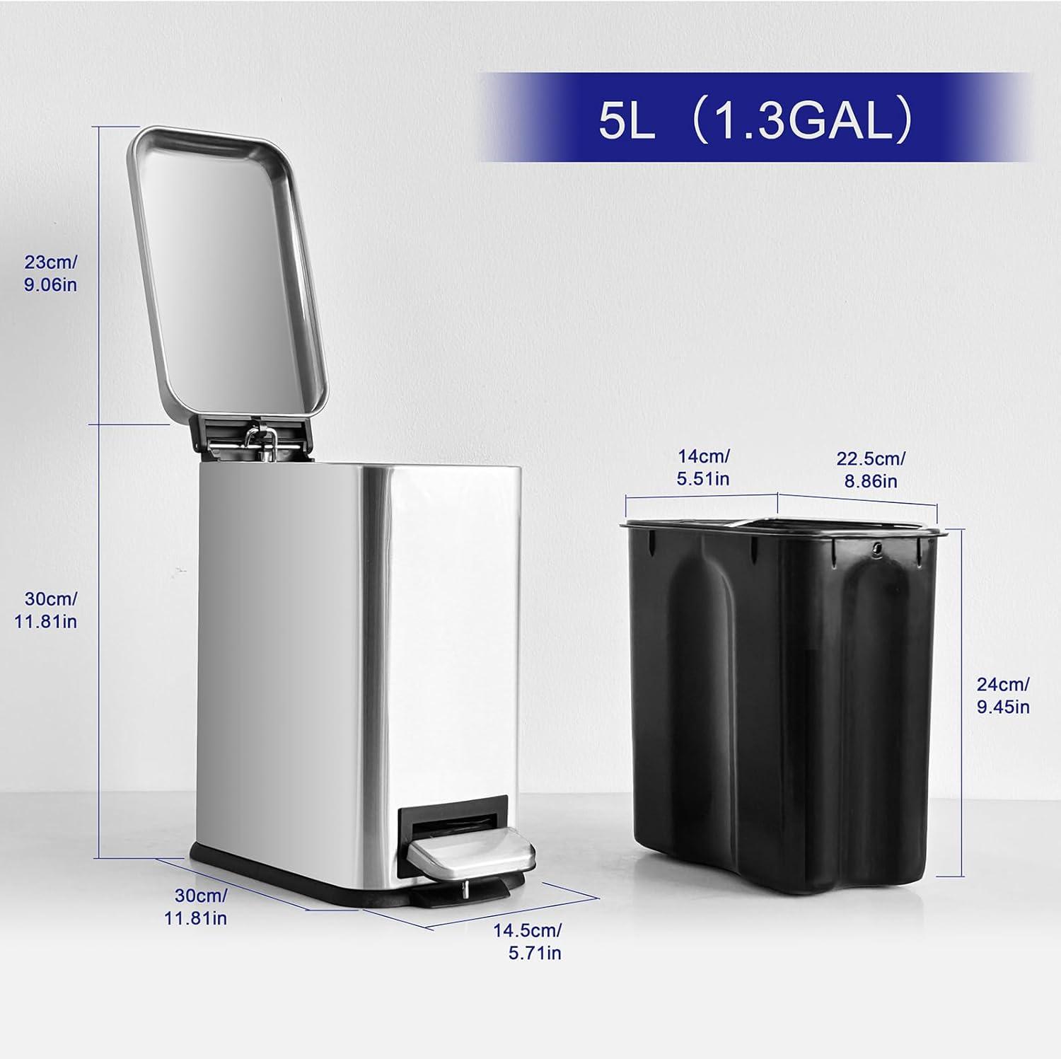 FDW Bathroom Trash Can With A Lid 1.3 Gallon  (5 L) Small Trash Bin Step Pedal Garbage Can With Removable Bucket Slim For Small Spaces For Bathroom,Bedroom,Kitchen,Office