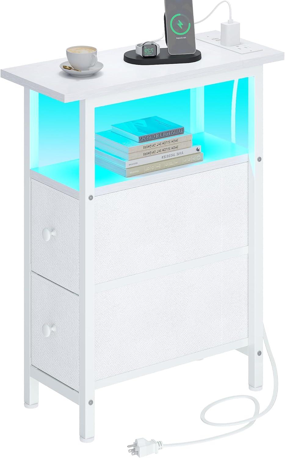 End Table with Charging Station, Narrow Side Table with 2 Fabric Drawers, Skinny Nightstand with LED Light, Slim Bedside Table for Bedroom, Living Room, Small Spaces, White