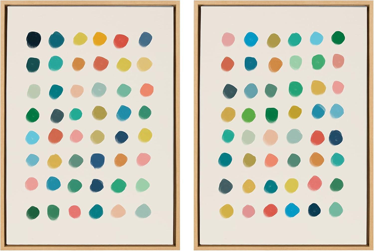 Kate and Laurel Sylvie Meditation 1 and 2 Framed Canvas Wall Art Set by Kelly Knaga, 2 Piece 23x33 Natural, Modern Abstract Colorful Polka Dot Art Set for Wall Home Decor