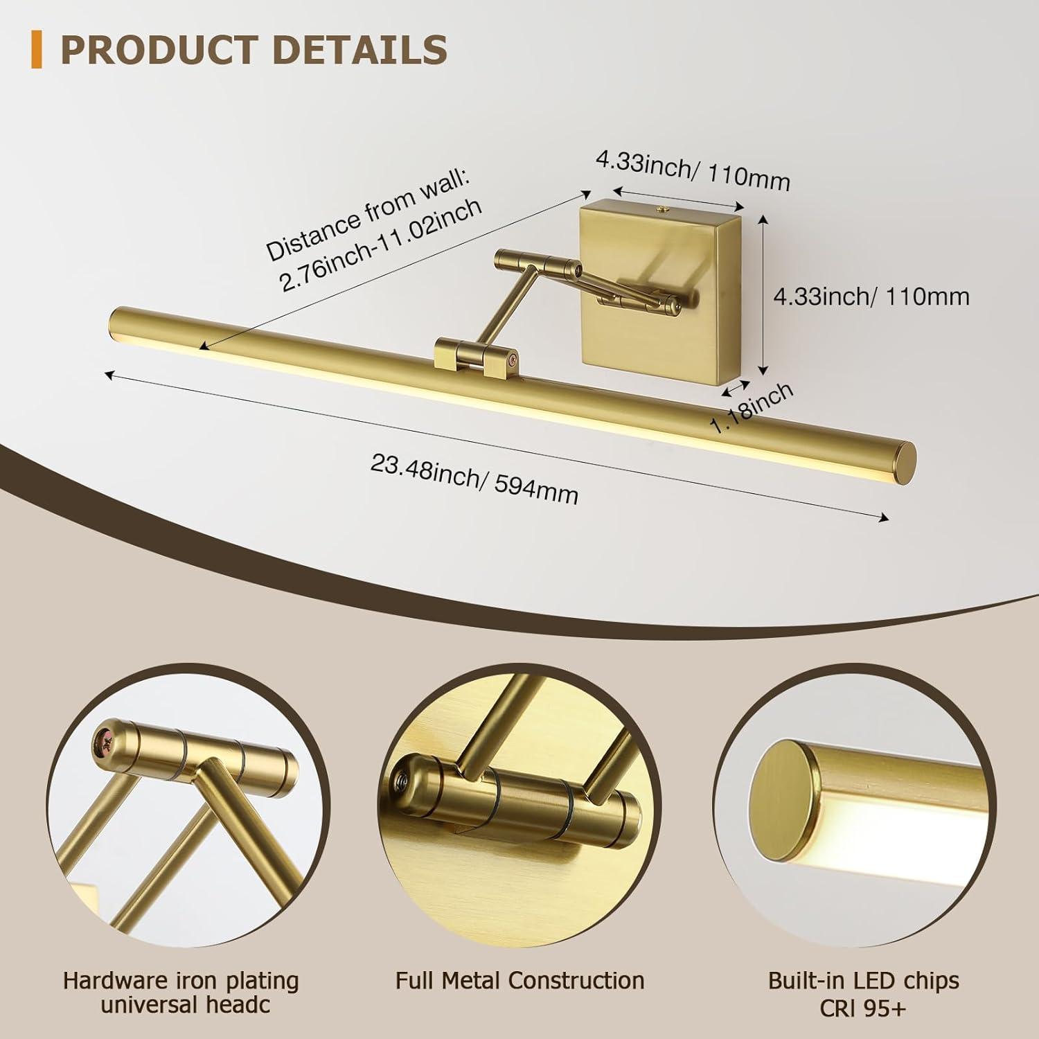 Joossnwell Hard-Wired Picture Light for Wall Brass Art Lighting Dimmable Gallery Light 23.39 inch Picture Frame Light with Adjustable Swing Arm for Painting Library Display Artwork Museum Warm White