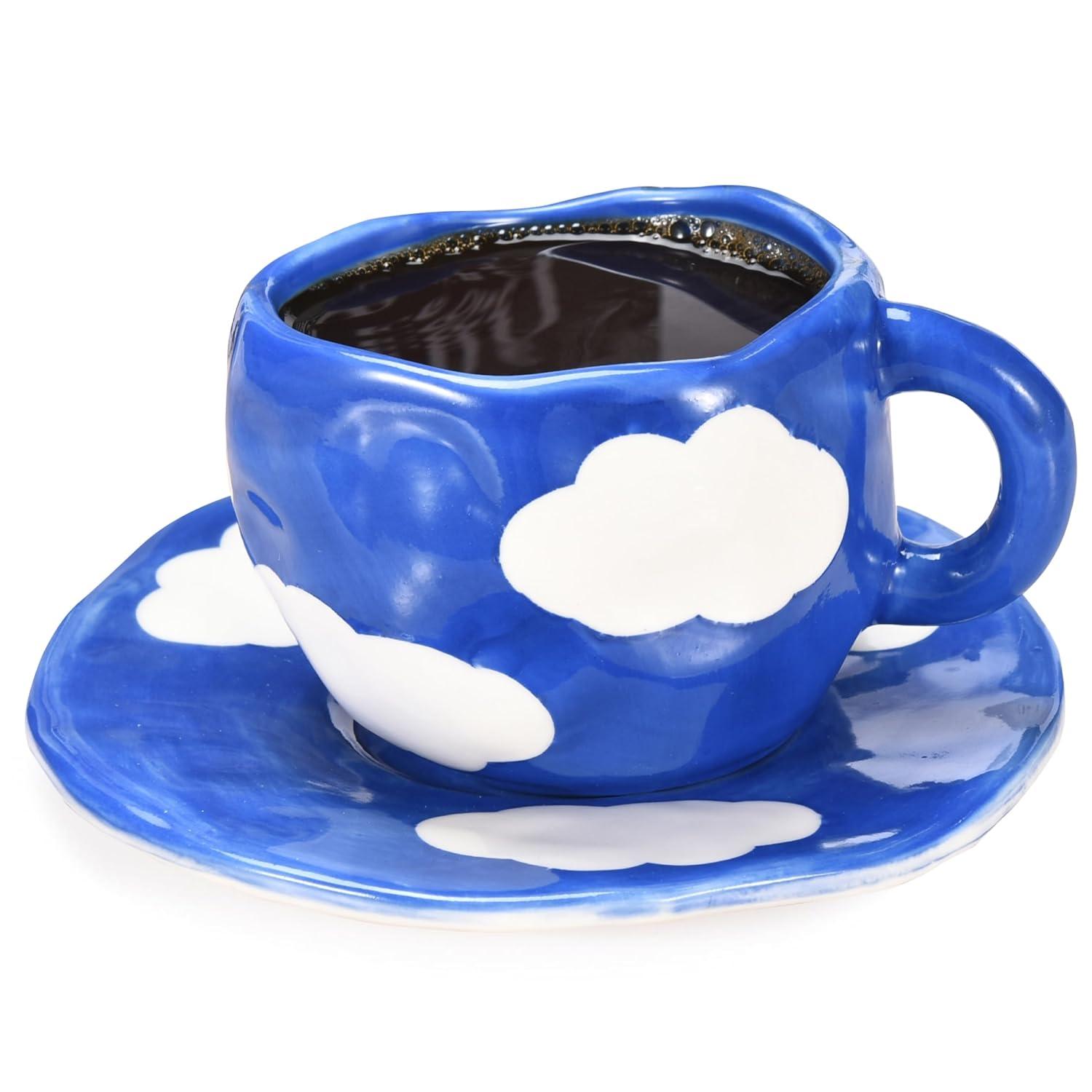 KITCHTIC 10 Oz Japanese Hand Painted Coffee Cup with Saucer - Blue