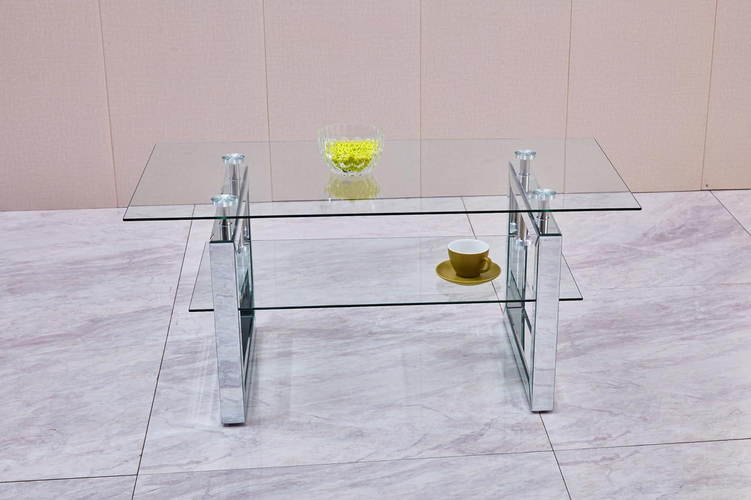 Gzxs Glass Coffee Table with 2 Tier Glass Boards & Sturdy Metal Legs, Mirrored Clear Rectangle Glass Cocktail Tea Table for Home Office, Silver