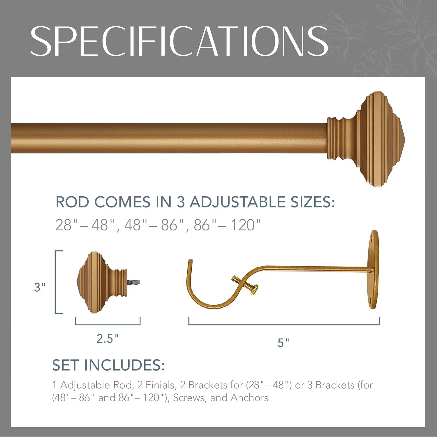 Gold Adjustable Curtain Rod with Stacked Square Finials, 28"-48"