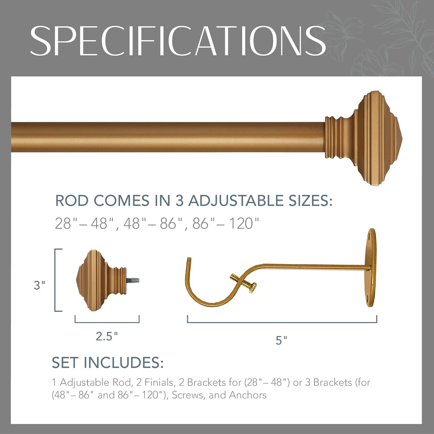 Florence 1" Window Drapery Single Curtain Rod with Stacked Square Finial - 28"-48" - Soft Gold - Elrene Home Fashions