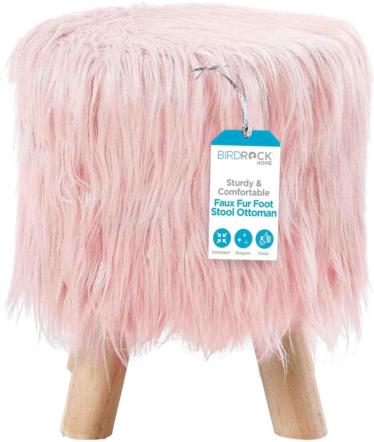 BirdRock Home Faux Fur Foot Stool Ottoman with Wood Legs - Pink