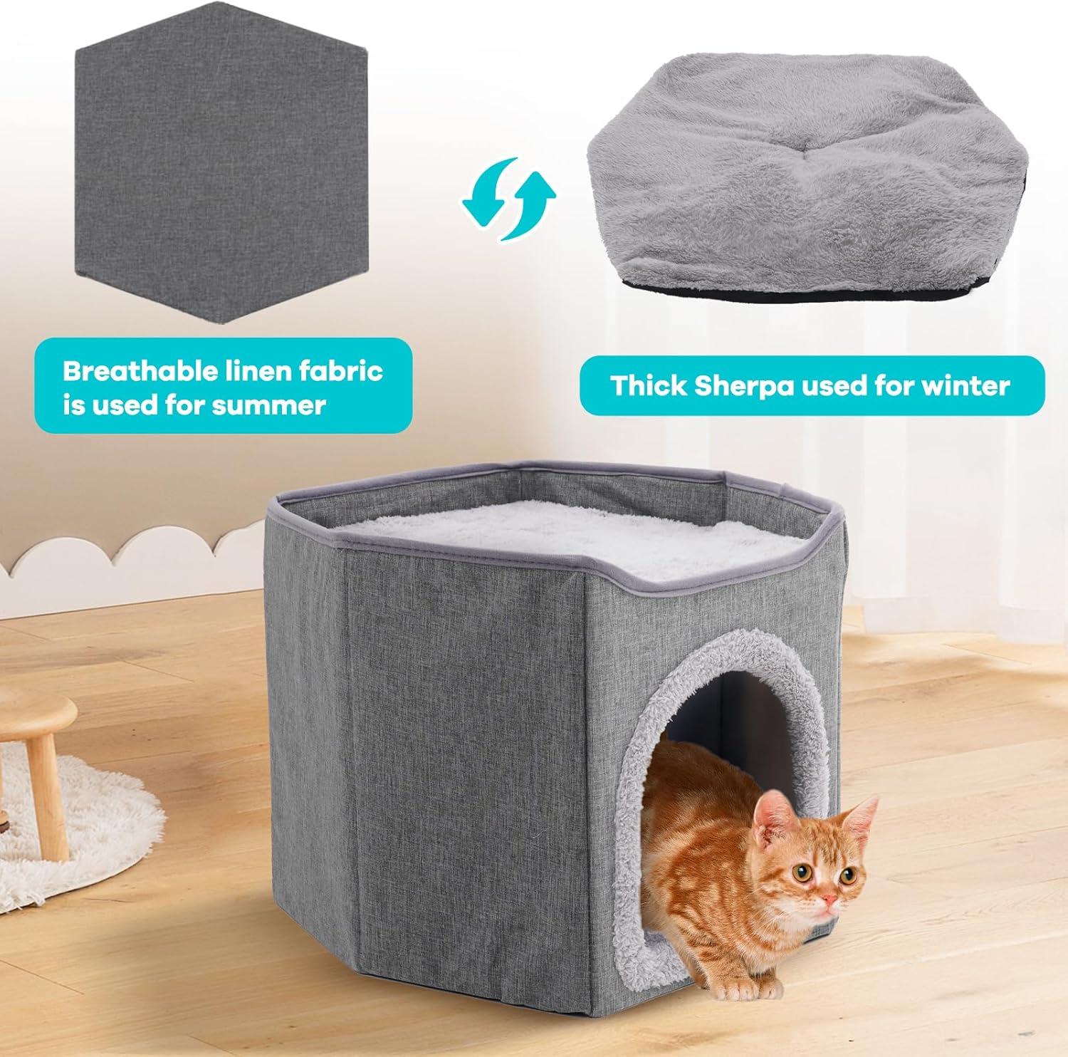 Cat Bed for Indoor Cats Cube House, Covered Cat Cave Beds & Furniture with Scratch Pad and Hideaway Tent, Cute Modern Cat Condo for Multi Small Pet Large Kitten Kitty, Dark Grey