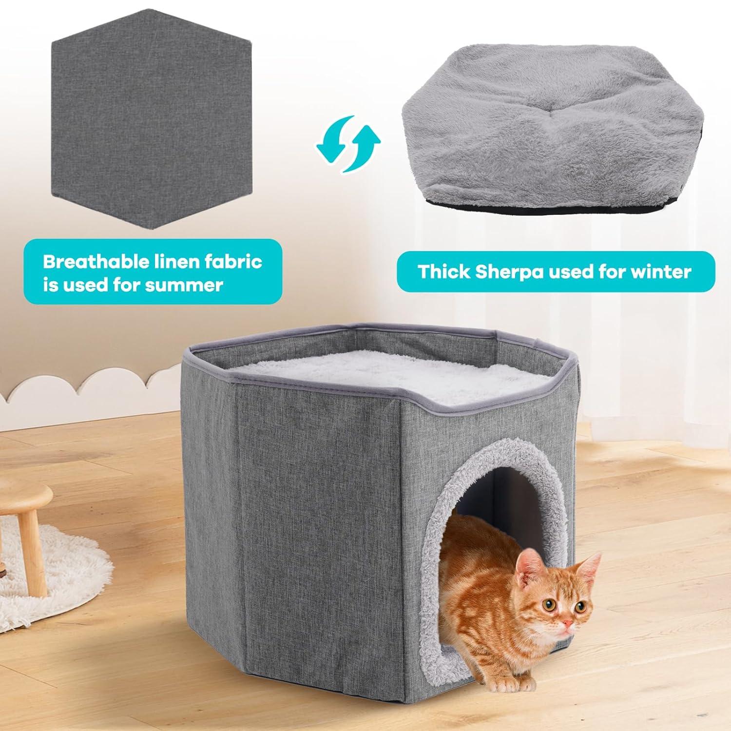 Cat Bed for Indoor Cats Cube House, Covered Cat Cave Beds & Furniture with Scratch Pad and Hideaway Tent, Cute Modern Cat Condo for Multi Small Pet Large Kitten Kitty, Dark Grey