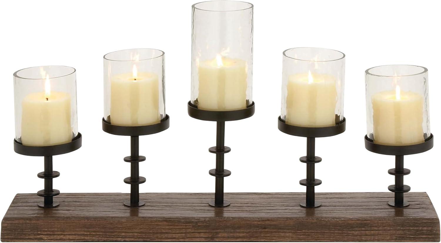 Olivia & May 24" x 13" Farmhouse Mango Wood/Iron Five Light Votive Candle Holder Brown - Industrial Style, Tabletop Display