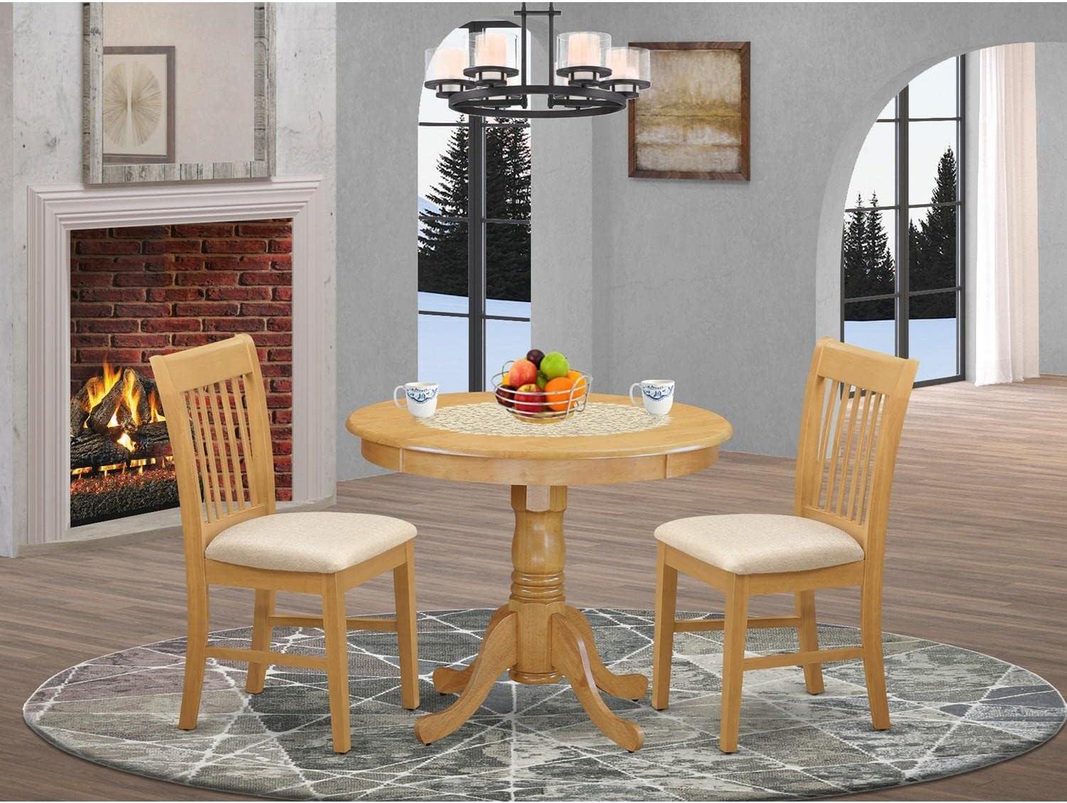 Oak Finish Round Dining Table with Linen Upholstered Chairs