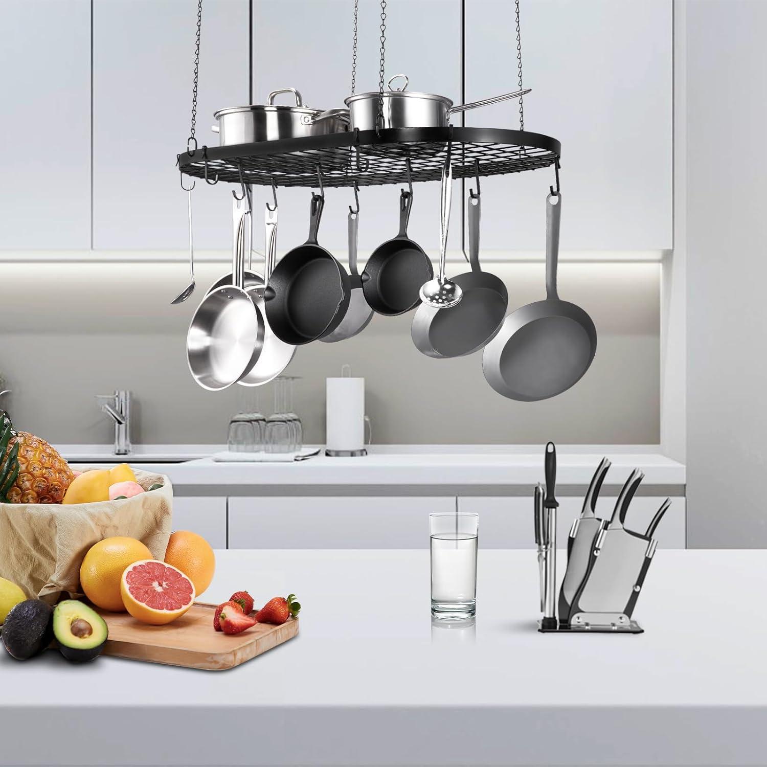 Prep & Savour Hanging Pot Rack, Hanging Pot Rack Ceiling Mount, Ceiling Pot Rack with 12 S Hooks