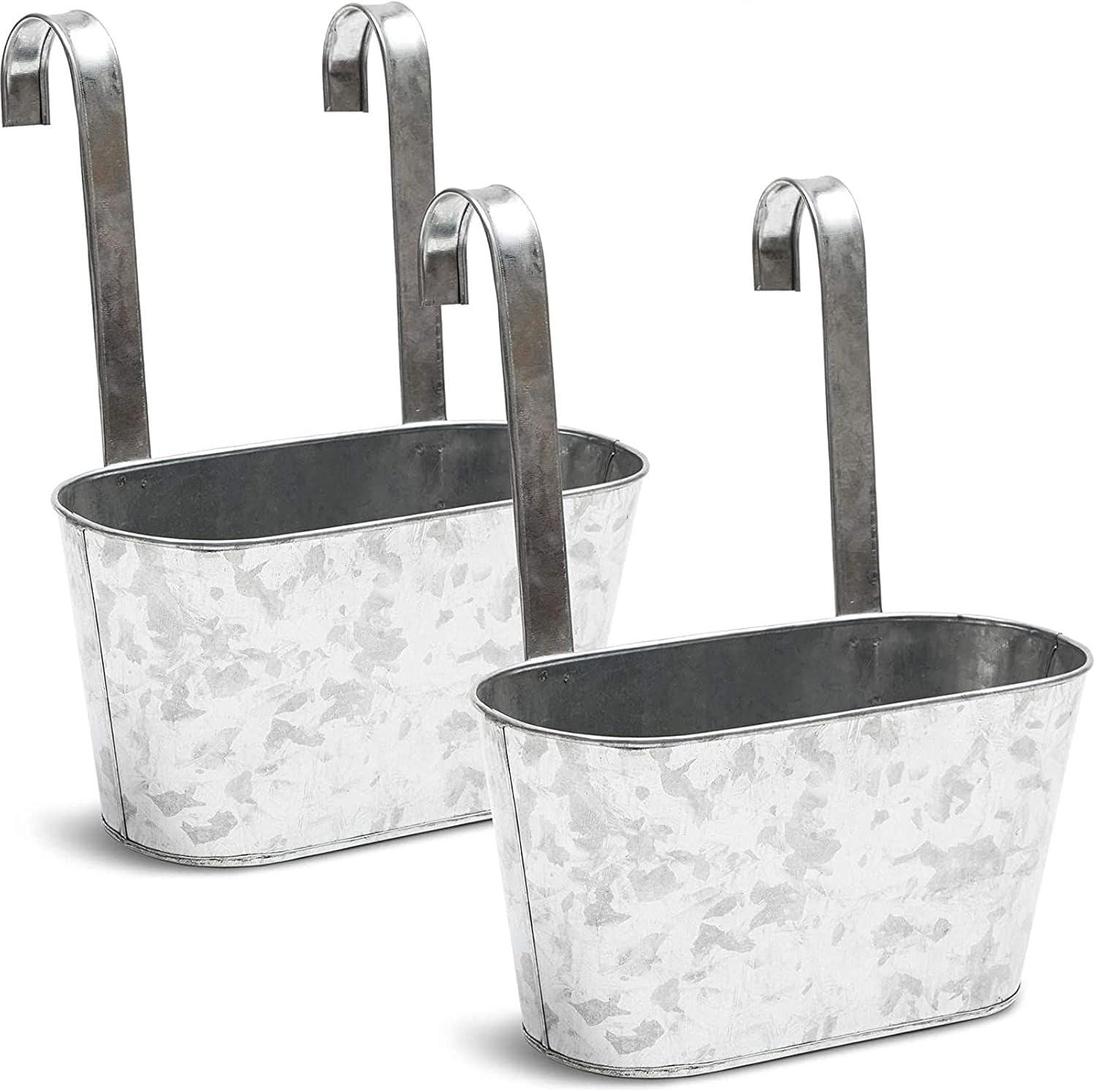 Juvale 2 Pack Galvanized Metal Hanging Bucket Planter Flower Pots for Railing, Fence, Balcony, Wall Decor, and Garden, 5 x 4.5 x 10 In