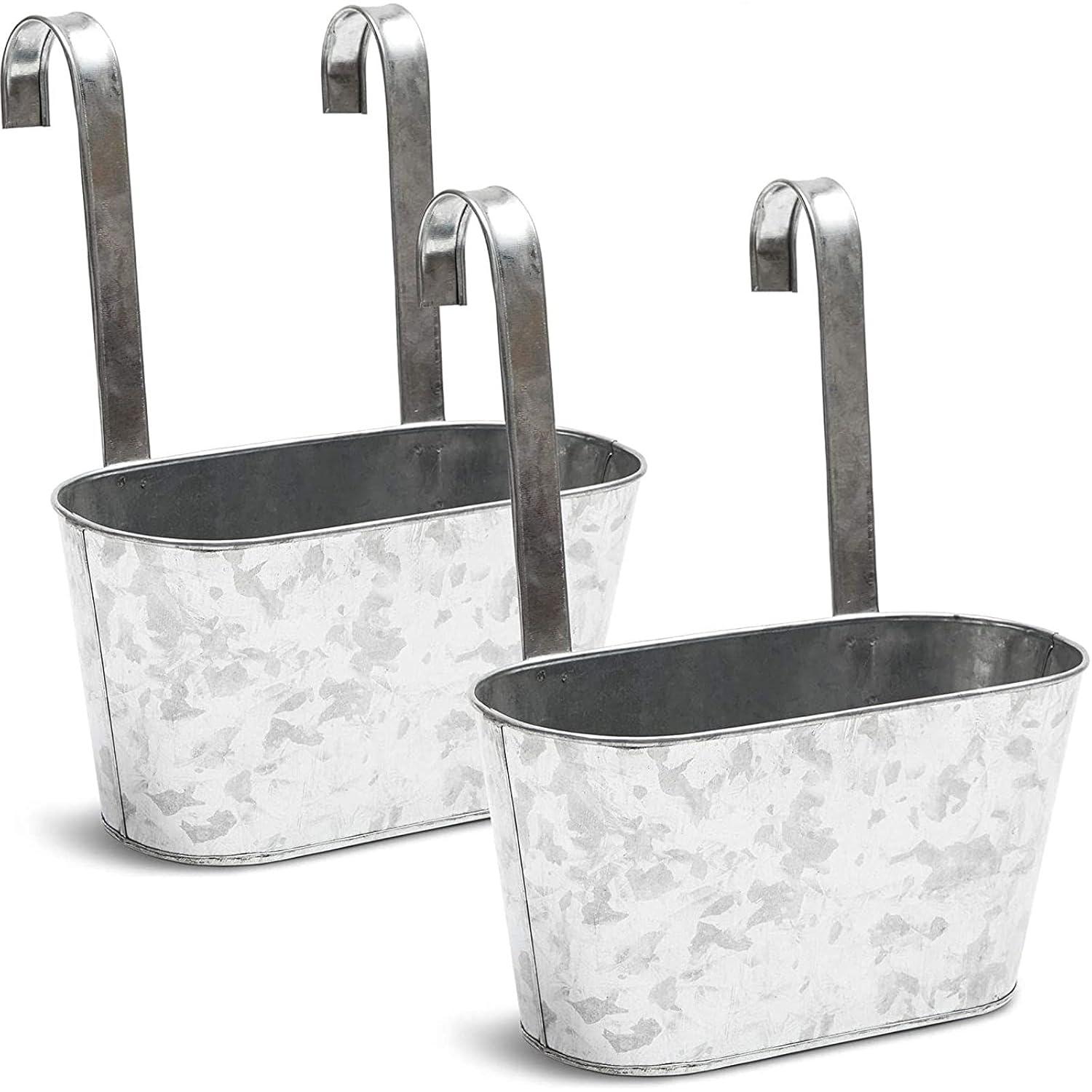 Juvale 2 Pack Galvanized Metal Hanging Bucket Planter Flower Pots for Railing, Fence, Balcony, Wall Decor, and Garden, 5 x 4.5 x 10 In