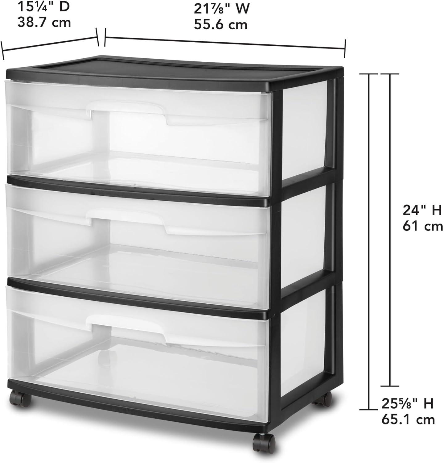 Sterilite Wide 3 Drawer Cart Black