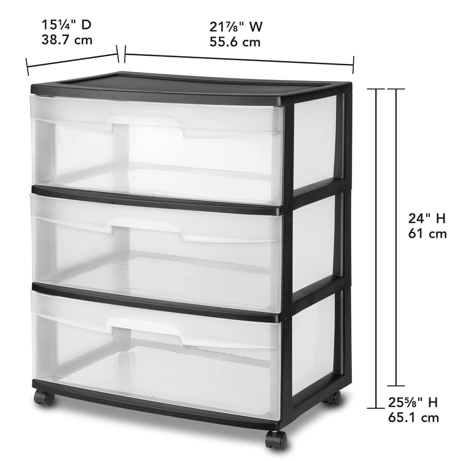 Sterilite Storage Drawer, 3 Drawer Wide Plastic Storage Cart with Clear Pull Out Drawers, Black