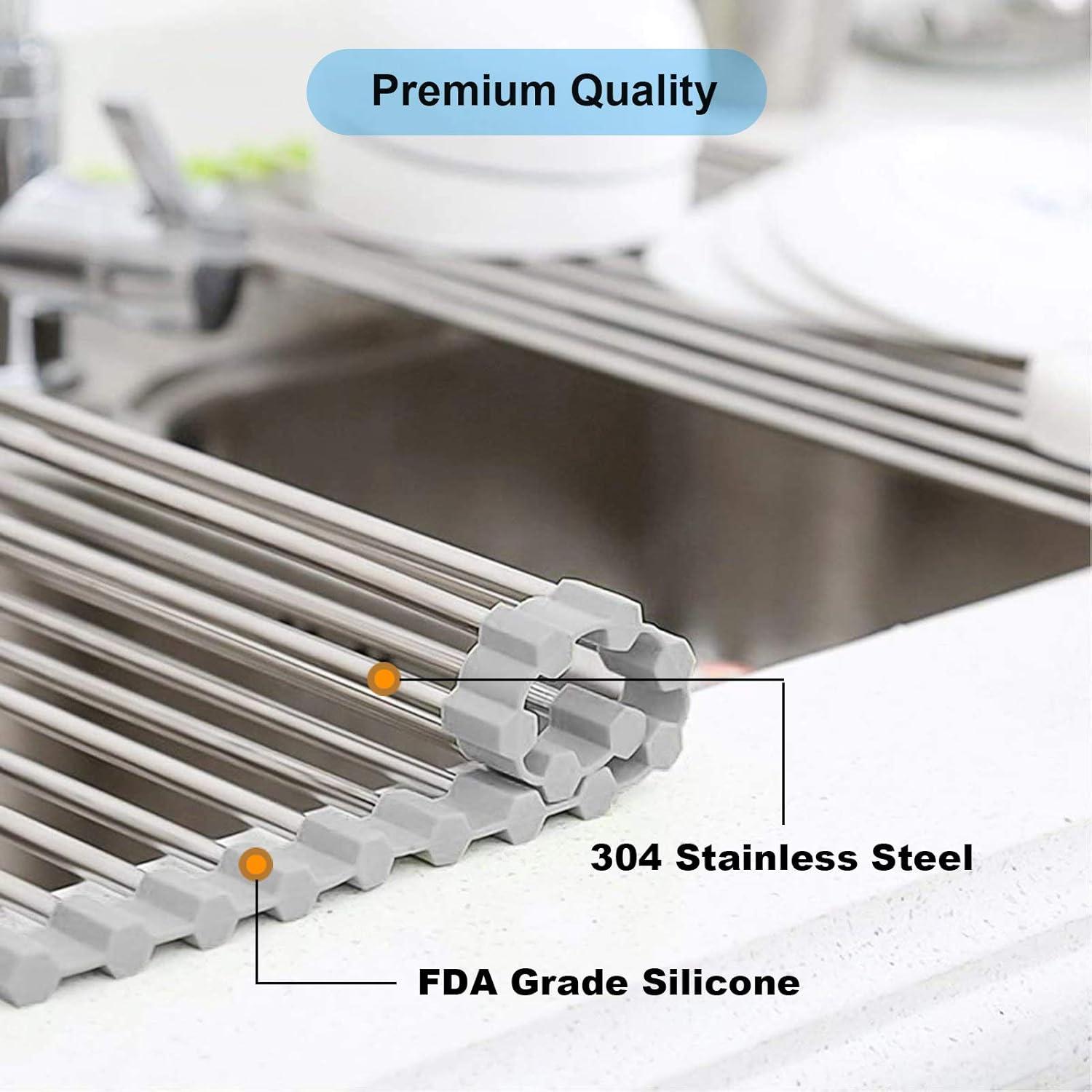 Over The Sink Dish Drying Rack, Searik Roll up Sink Dish Drainer Rack Multipurpose Foldable Kitchen Stainless Steel Dish Rack Sink Drying Rack (17.7” x 11.8”)