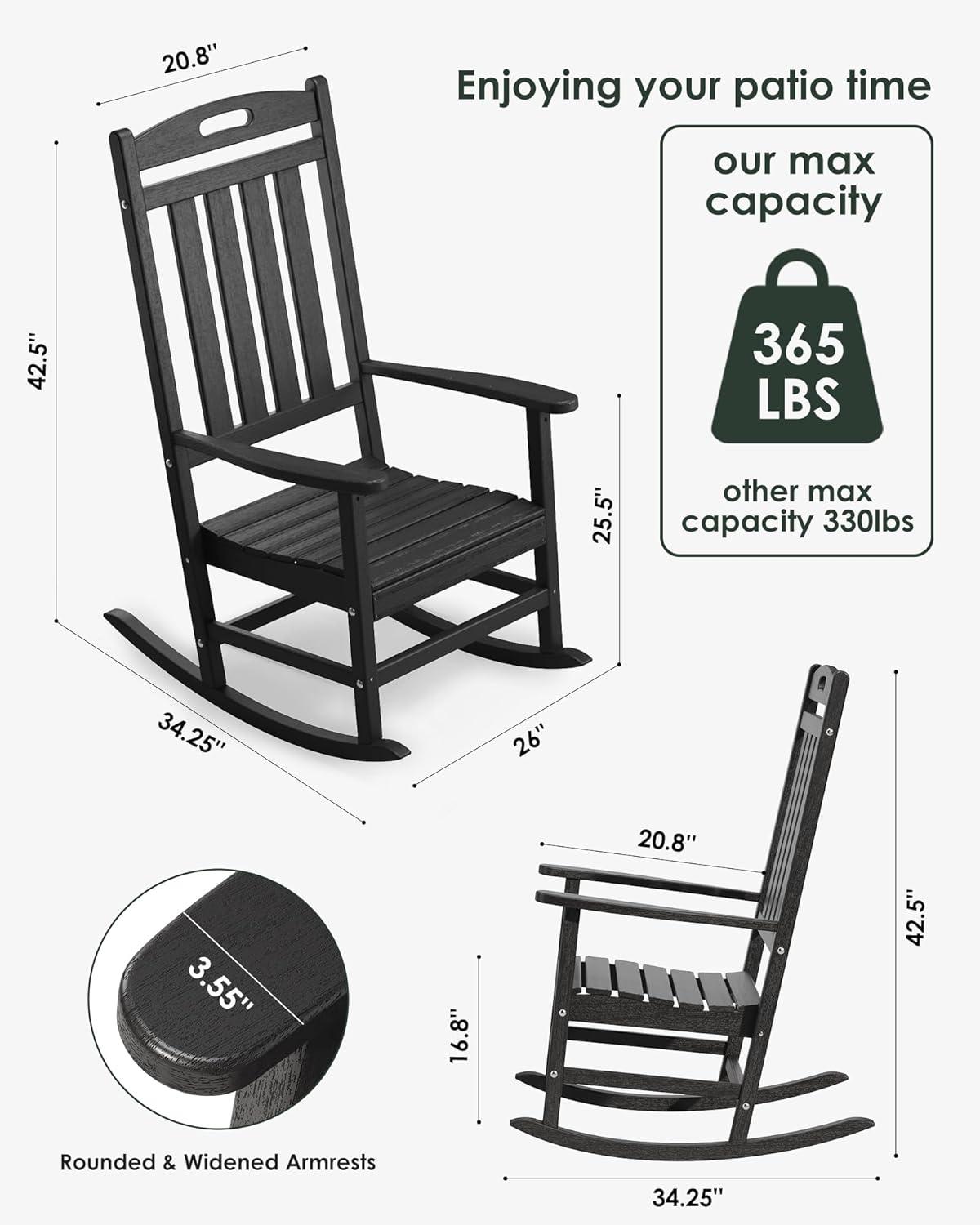 NALONE Outdoor Rocking Chair Set of 2, All Weather Resistant Rocking Chair for Porch and Garden Lawn, HDPE Material Oversized Patio Rocker Chair for Outdoor Rockers(Black)