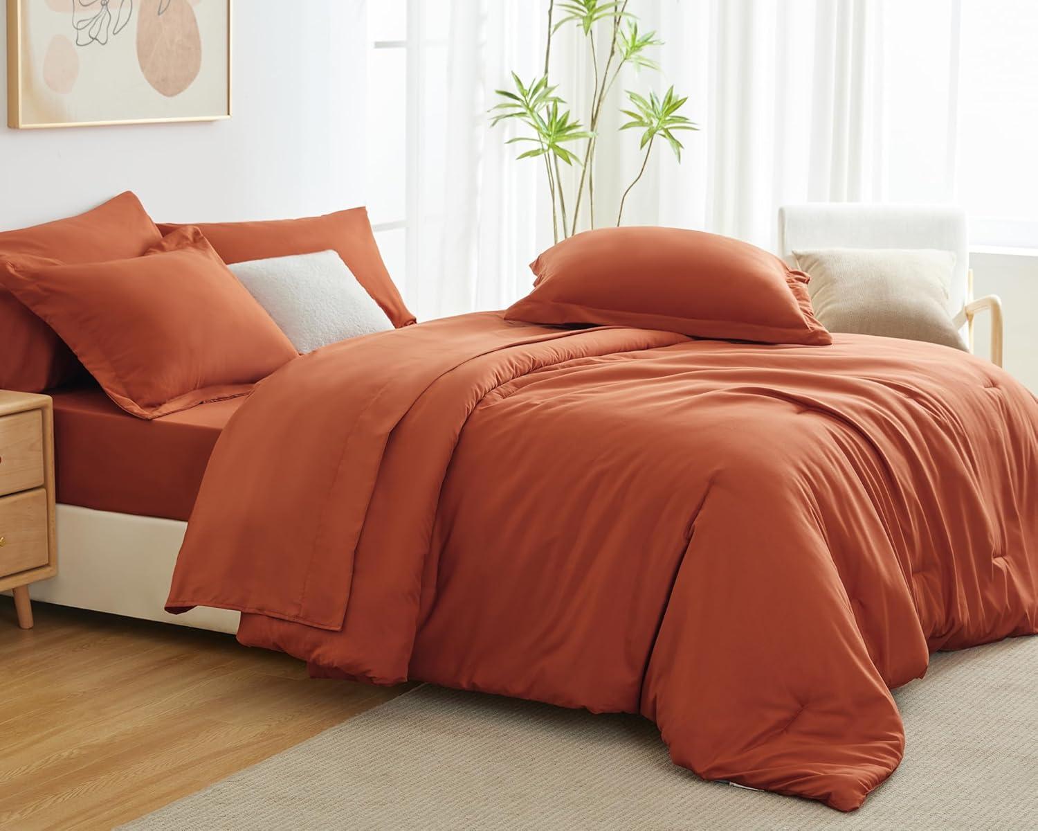 Cozy Comfort Burnt Orange Comforter Set Queen Size, 7 Pieces Soft Comforter for Queen Size Bed with Sheets, Pillowcases & Shams, All Season Boho, Contrasting Design