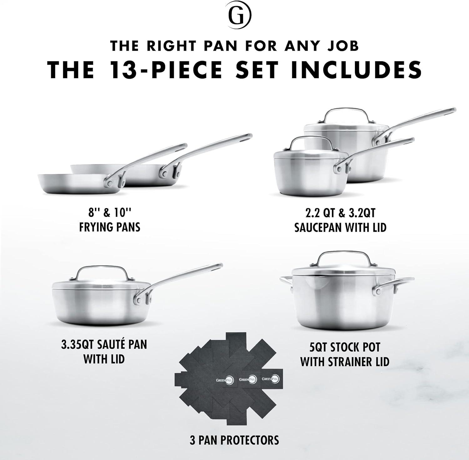 GreenPan GP5 Stainless Steel 5-PLY Healthy Ceramic Nonstick 13pc Cookware Set PFAS-Free