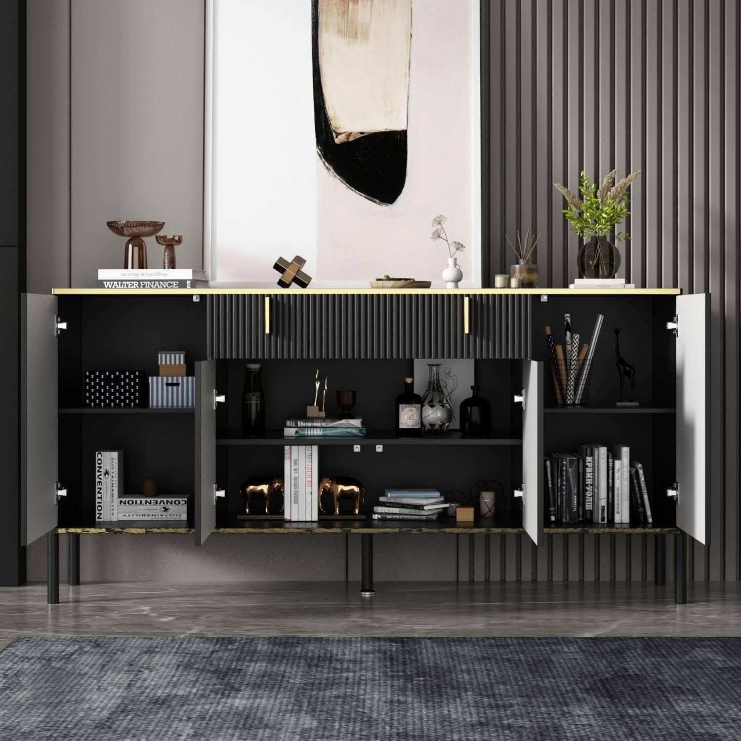 Black and Gold Modern Sideboard with Pop-Up Doors and Drawer