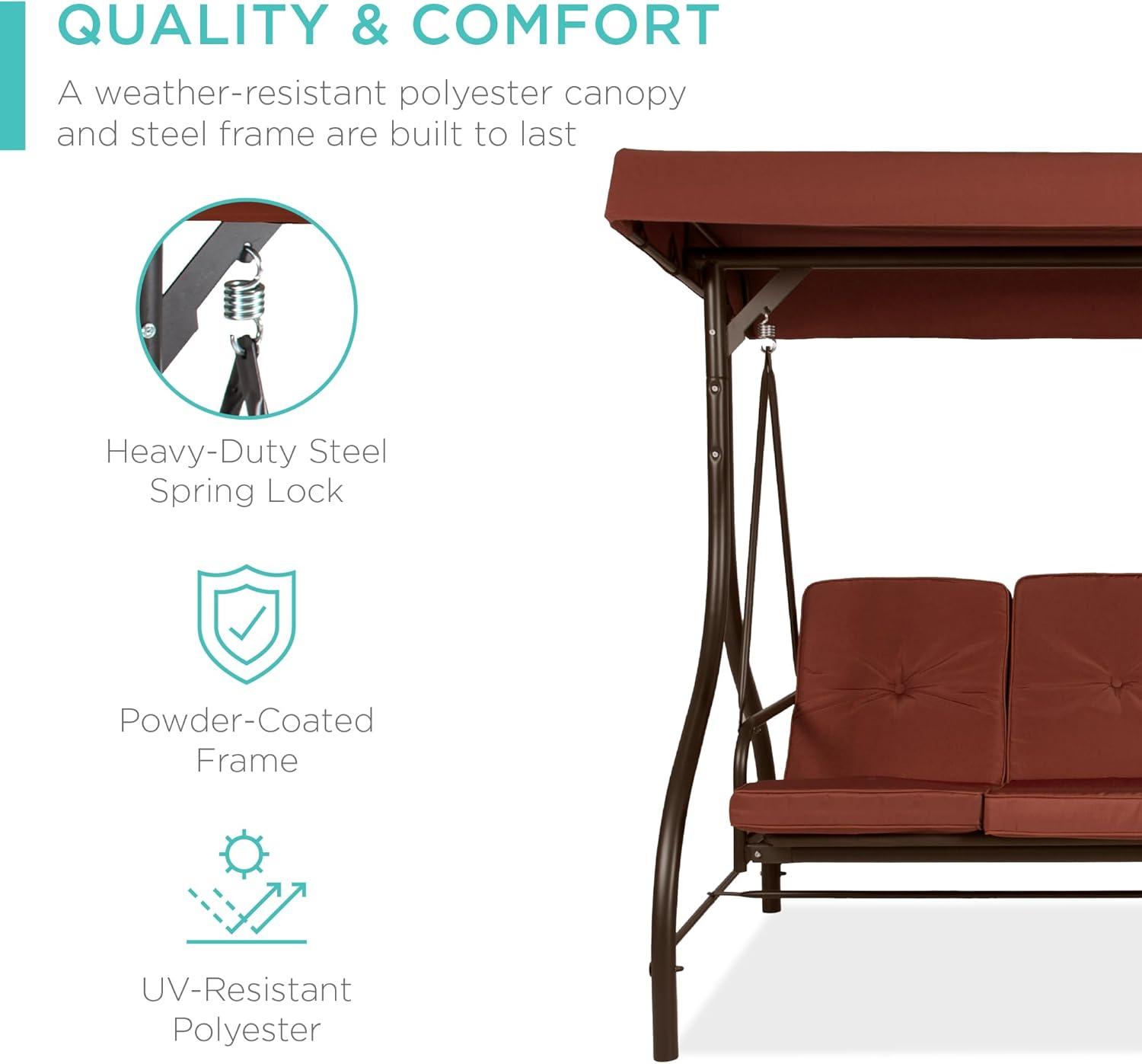Best Choice Products 3-Seat Outdoor Converting Canopy Swing Glider Patio Hammock w/ Removable Cushions - Dark Rust