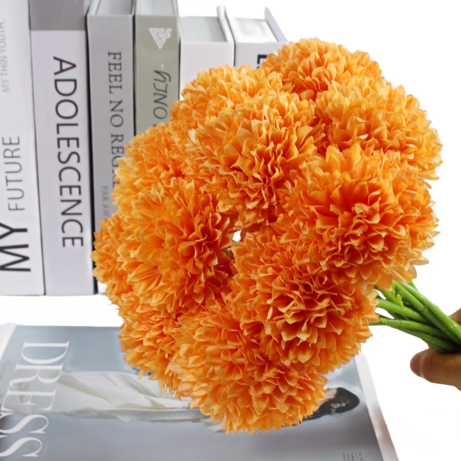 12pcs Orange Fake Flowers 12" Artificial Chrysanthemum Ball Silk Flowers Bouquet for Home Kitchen Wedding Table Arrangement Decorations