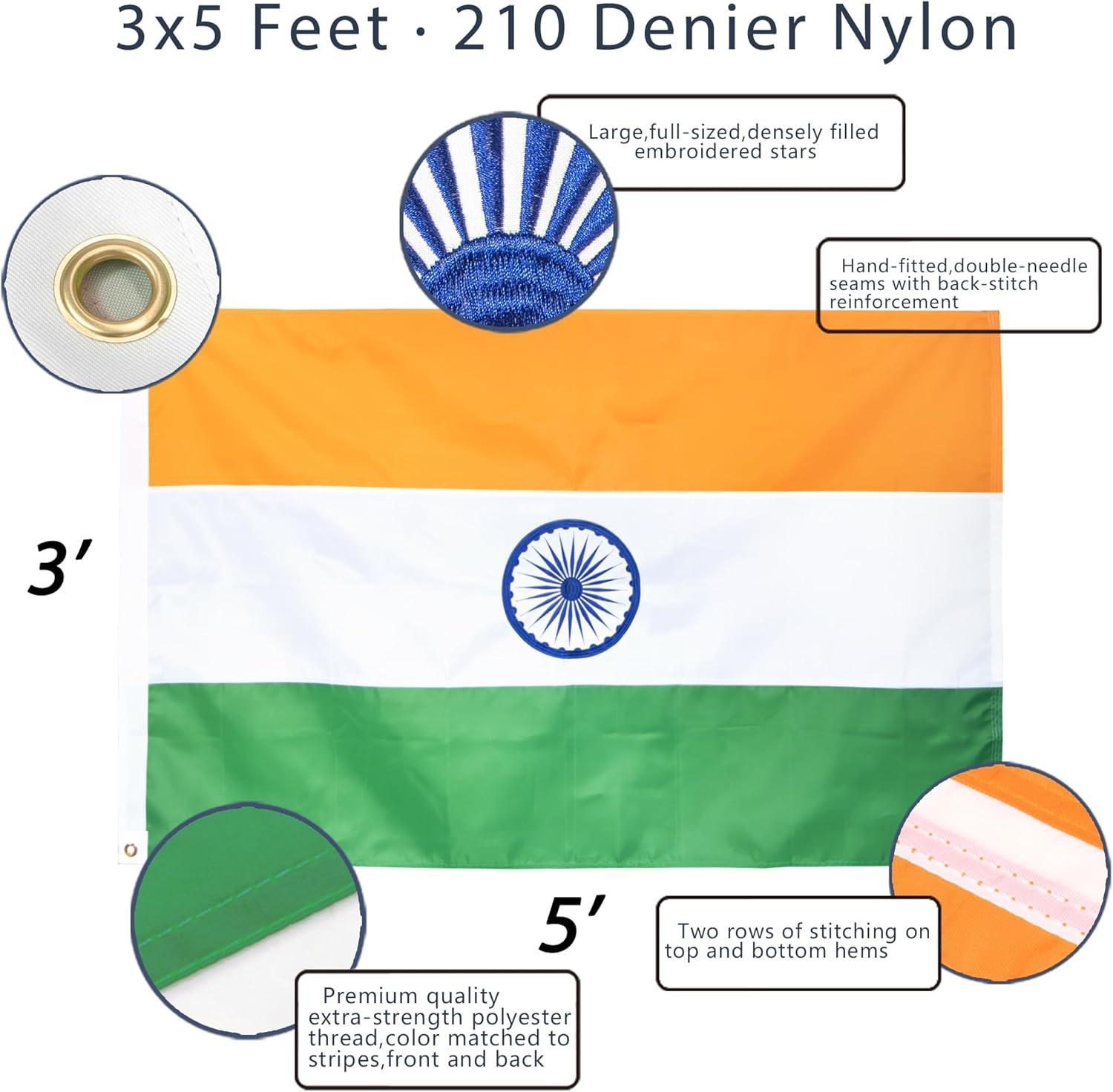 Anley 3x5 Feet Nylon EverStrong Series Embroidered India Flag