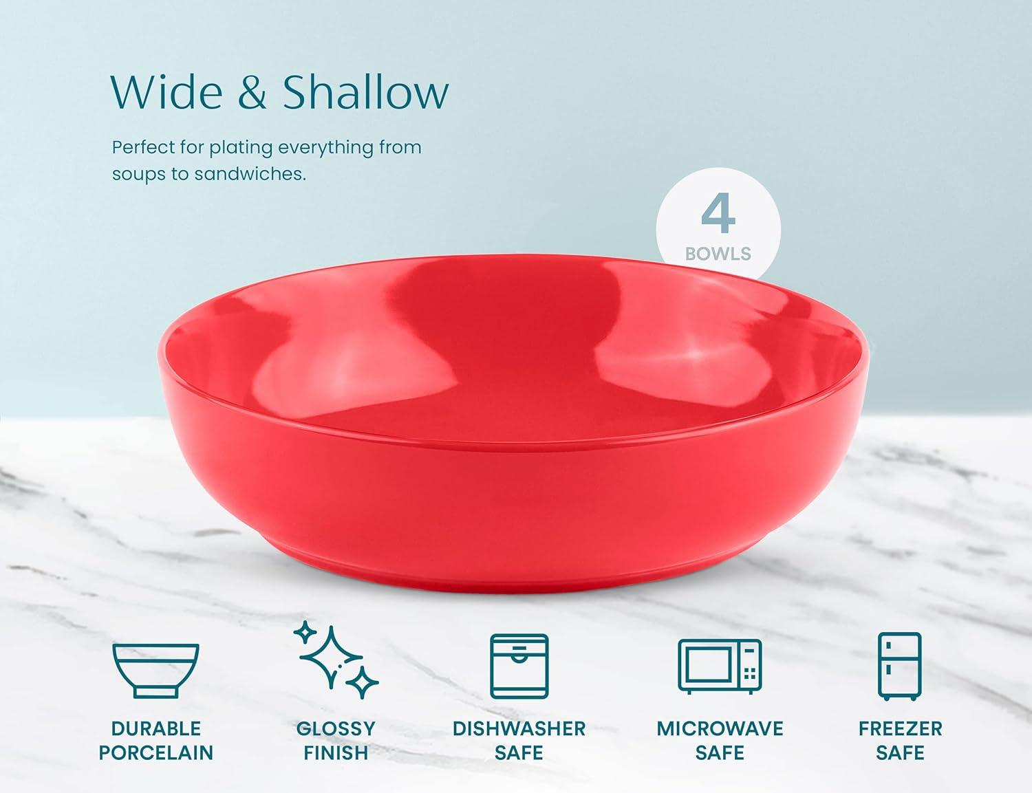 Kook Ceramic Pasta Bowls, Set of 4, 40 oz, Red