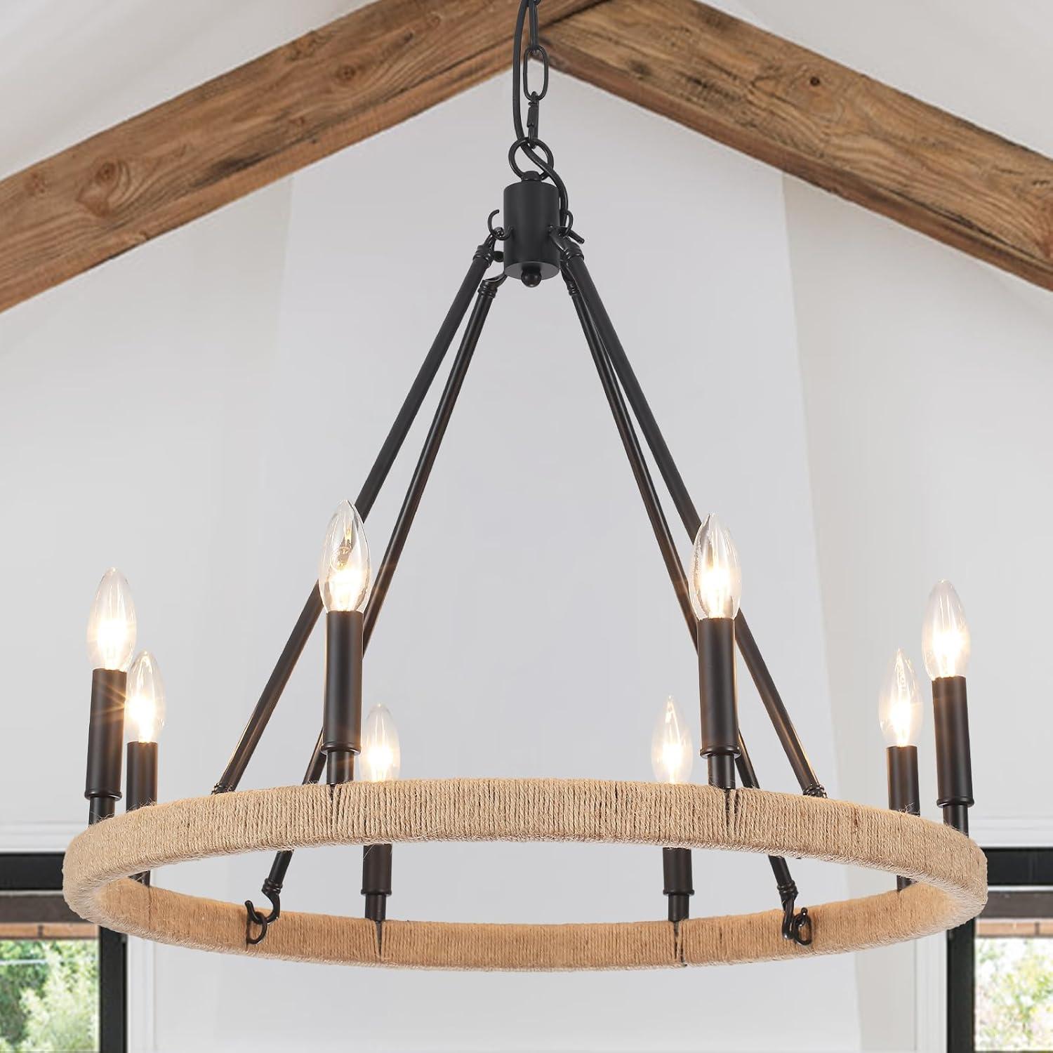 Black 8-Light Hand-Woven Rattan Wagon Wheel Chandelier