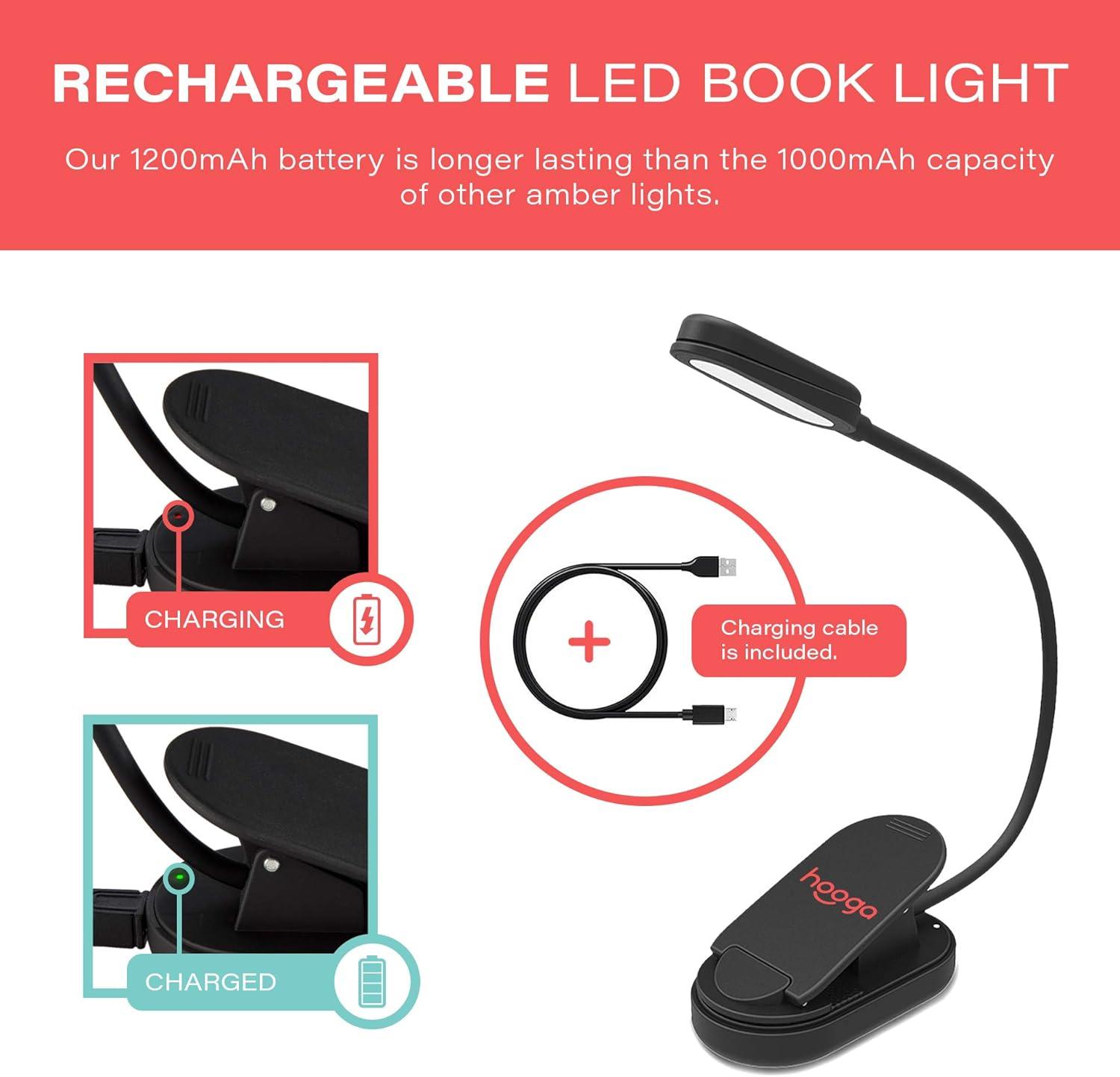 Hooga Book Light, Rechargeable Amber Dual Day and Night Modes, Amber 1600K Warm LEDs and 4000K White Light. Blue Blocking LEDs Prevent Eye Strain. Extra Long Battery Life.