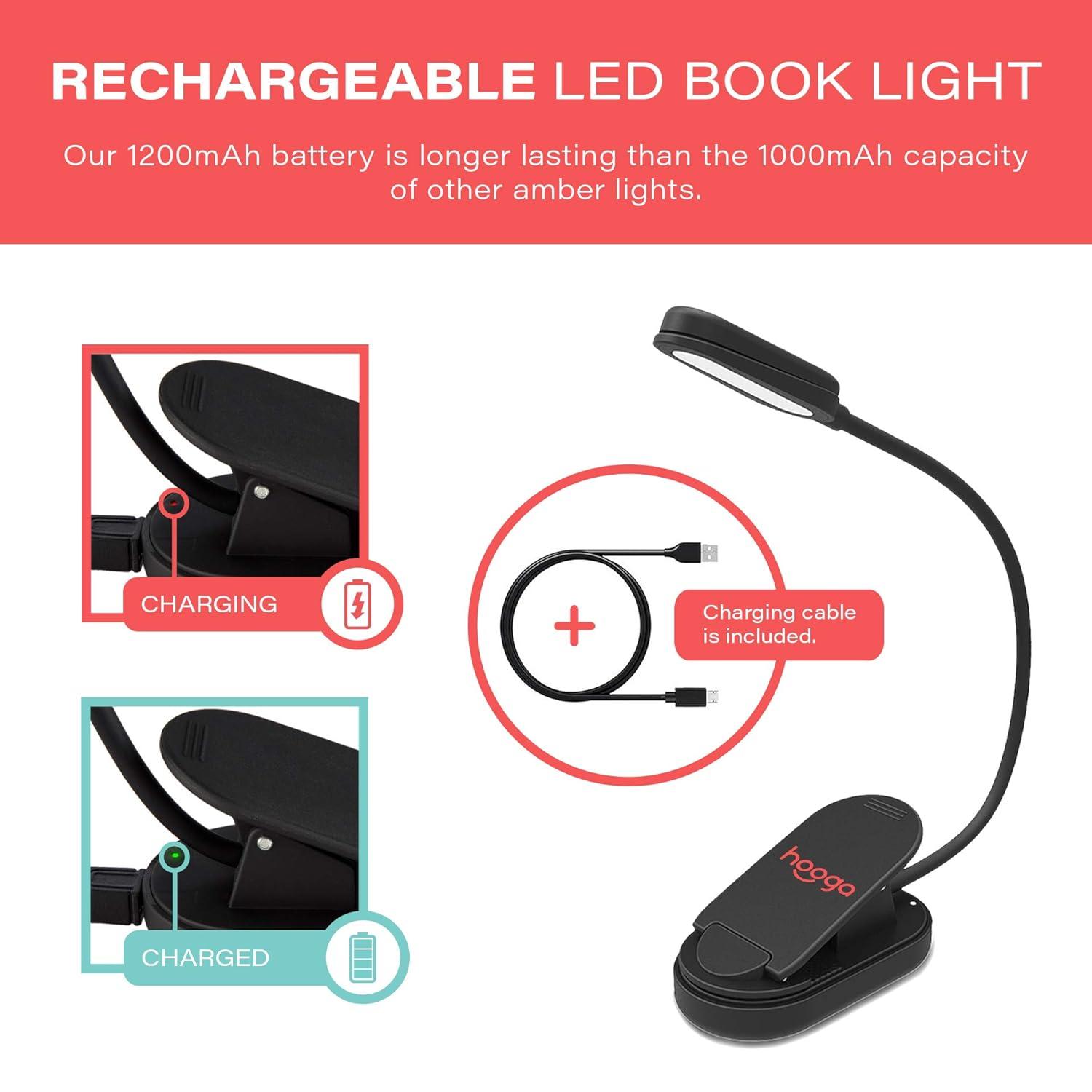 Book Light, Blue Light Blocking, Amber Clip-On Reading Light by Hooga. 1600K Warm LEDs for Reading in Bed. Sleep Aid Light. Rechargeable 1200mAh Battery. Adjustable Brightness. Works with Kindles