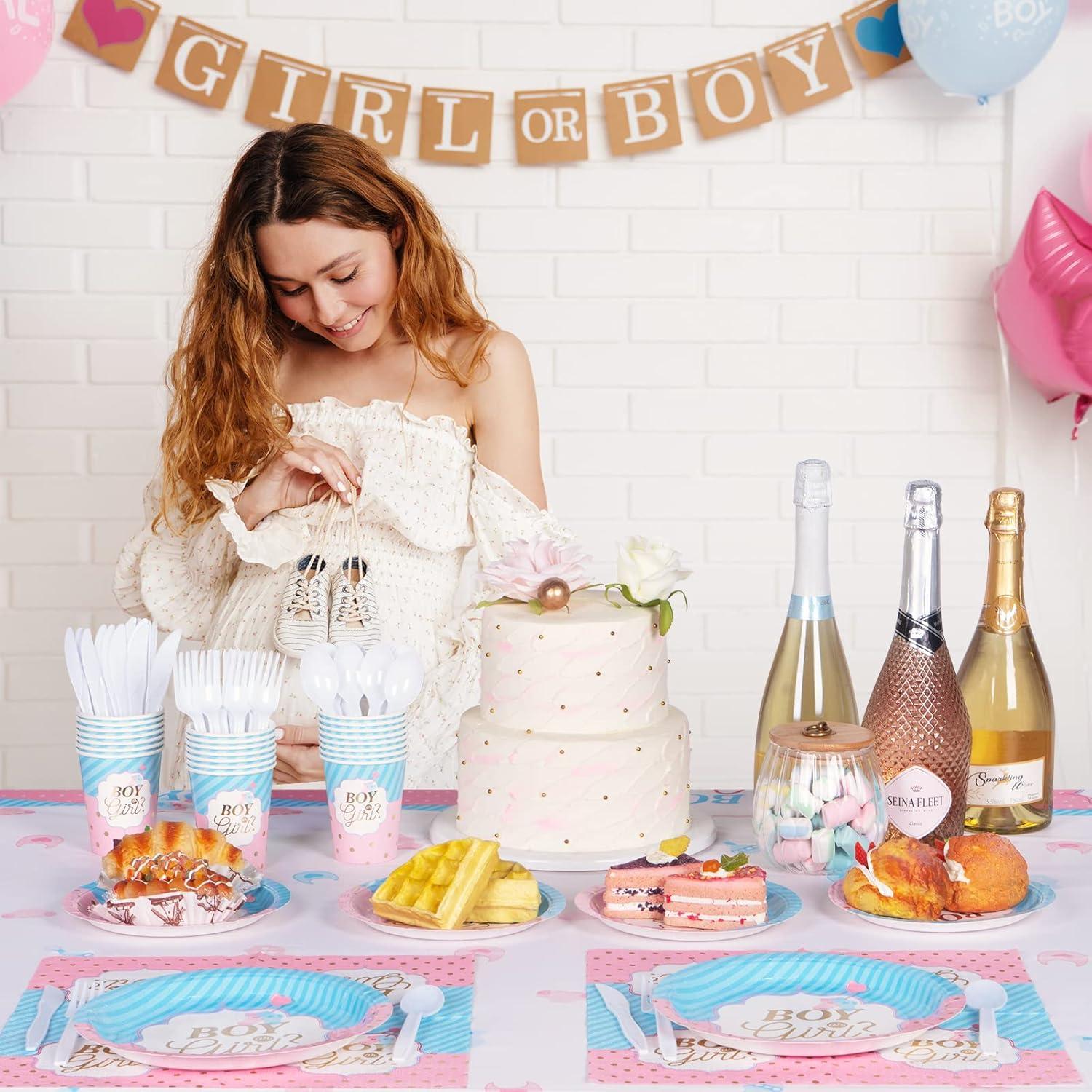 DECORLIFE Gender Reveal AJH3 Plates Serves 24, Boy or Girl Gender Reveal Party Supplies Includes Napkins and Forks for Baby Shower Reveal Party Decorations, Total 96PCS
