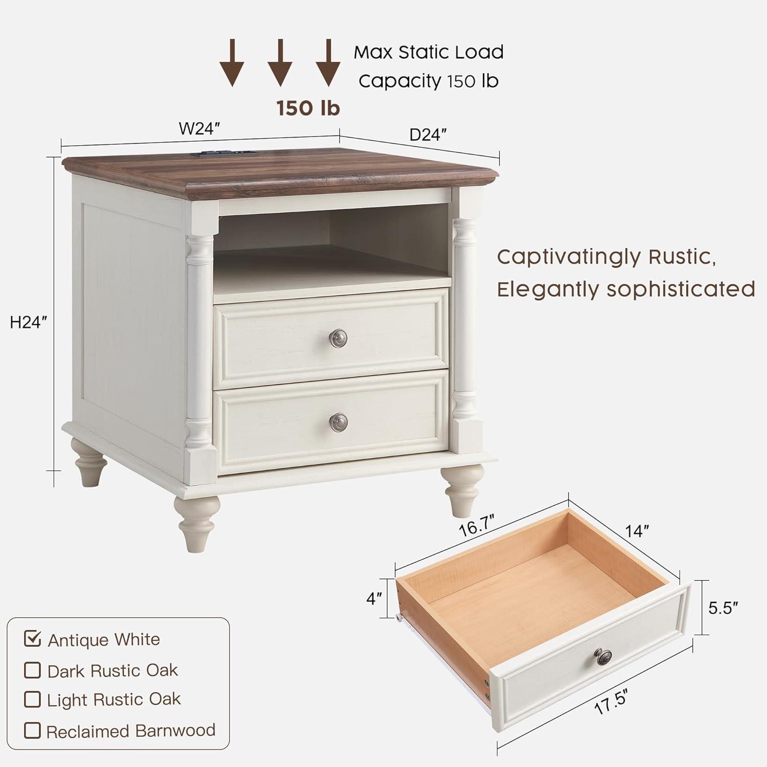 Rushville 24 inches End Table with Charging Station and 2 Drawers