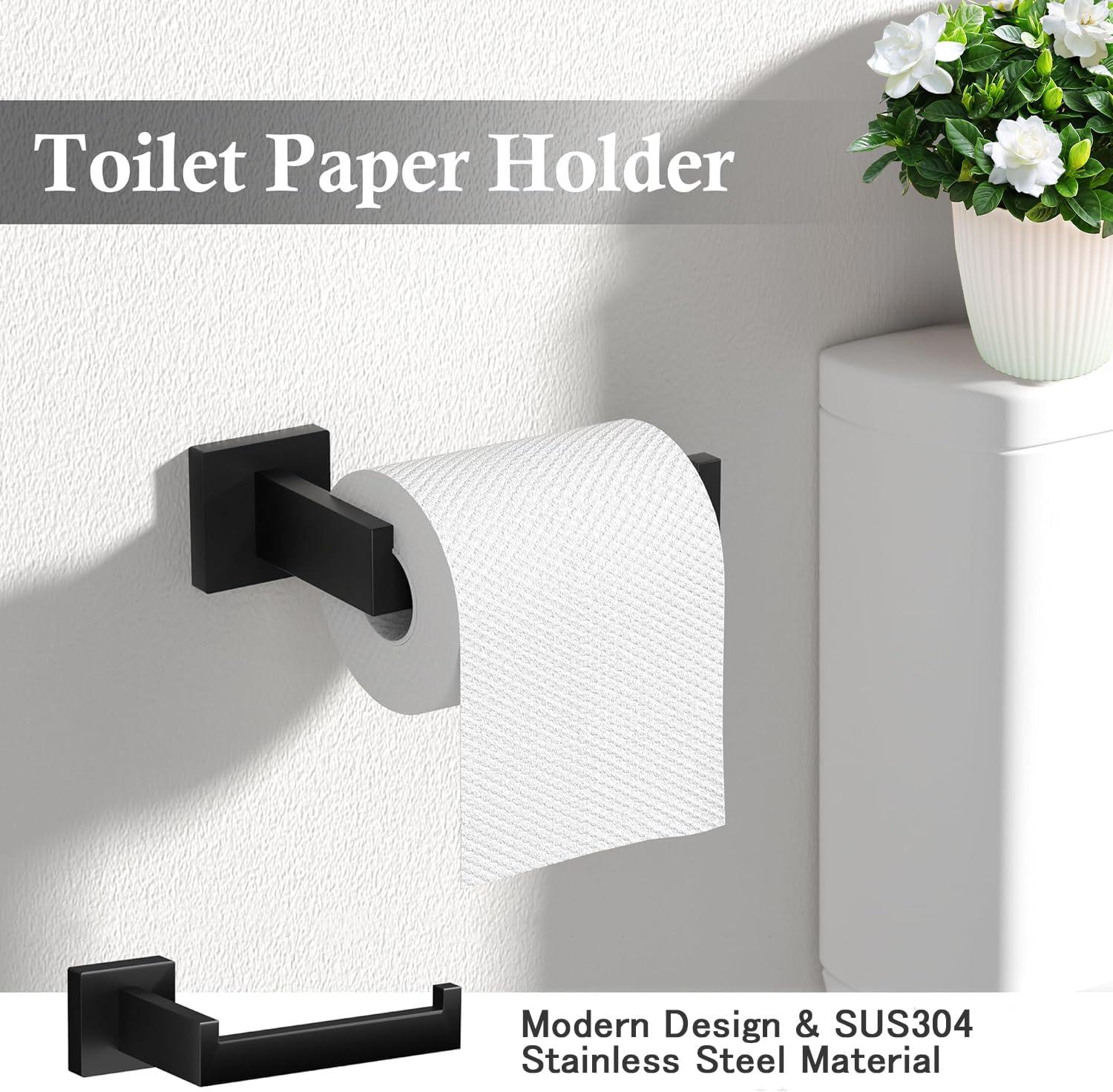 5 Pieces Square Matte Black Stainless Steel Bathroom Accessories Set Include 23.6 in Towel Bar, Toilet Paper Holder, Towel Ring, 2 Robe Towel Hooks