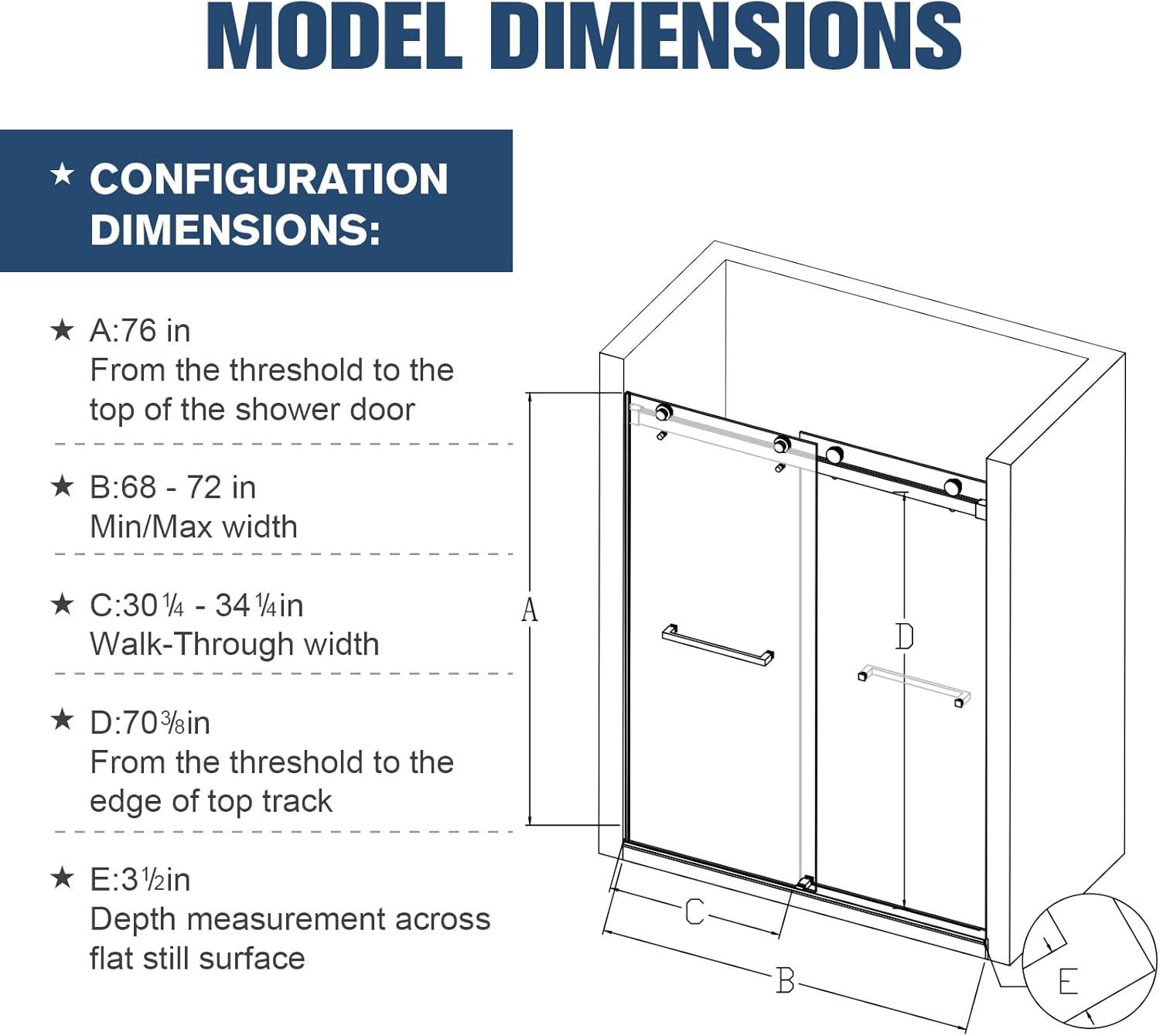 68-72 inches *76 inches Frameless Double Sliding Soft-Close Shower Door, 3/8 inches (10mm) Thick SGCC Tempered Glass Door with Explosion-Proof Film, Matte Black