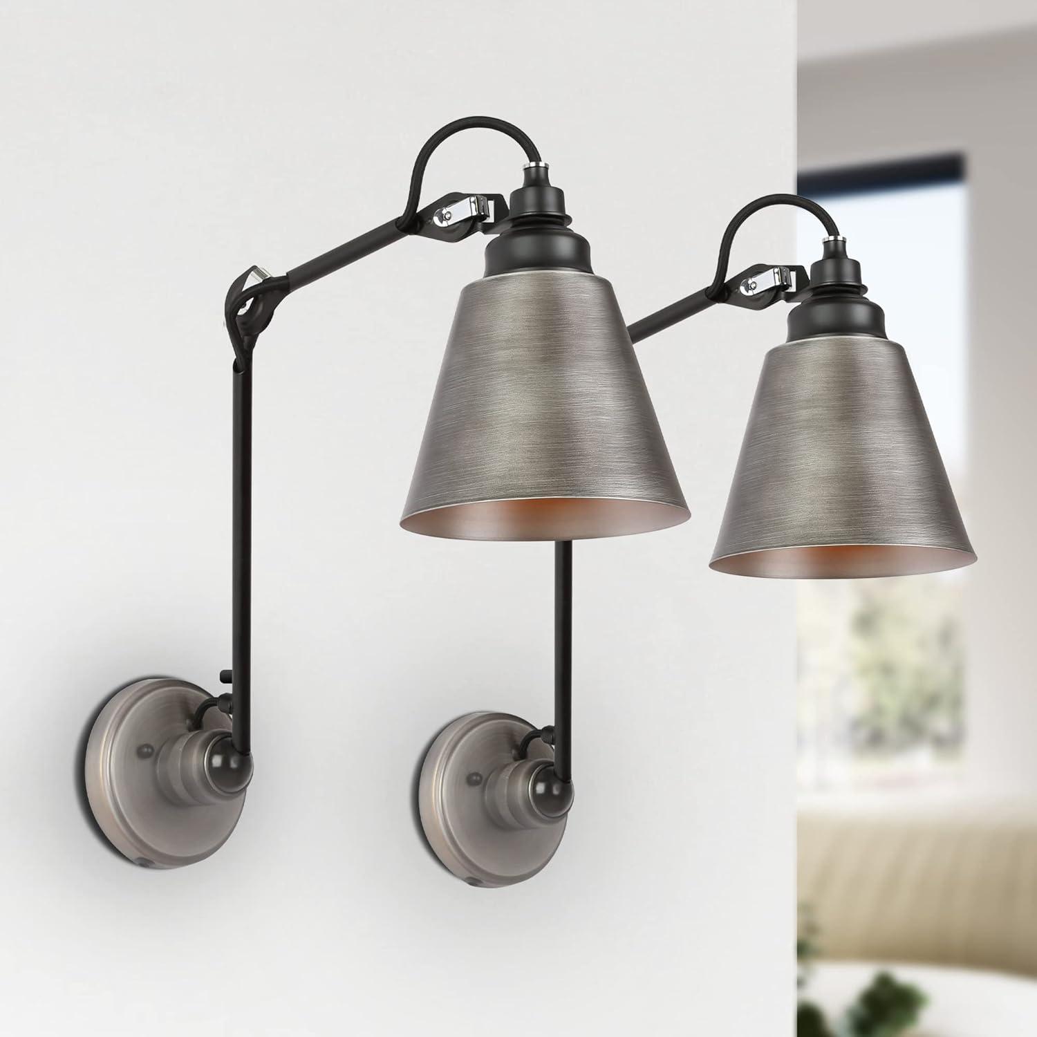 LALUZ Swing Arm Wall Sconce Set of 2, Modern Farmhouse Sconce Wall Lighting Vintage Adjustable Wall Mounted Lights with Black Silver Finish
