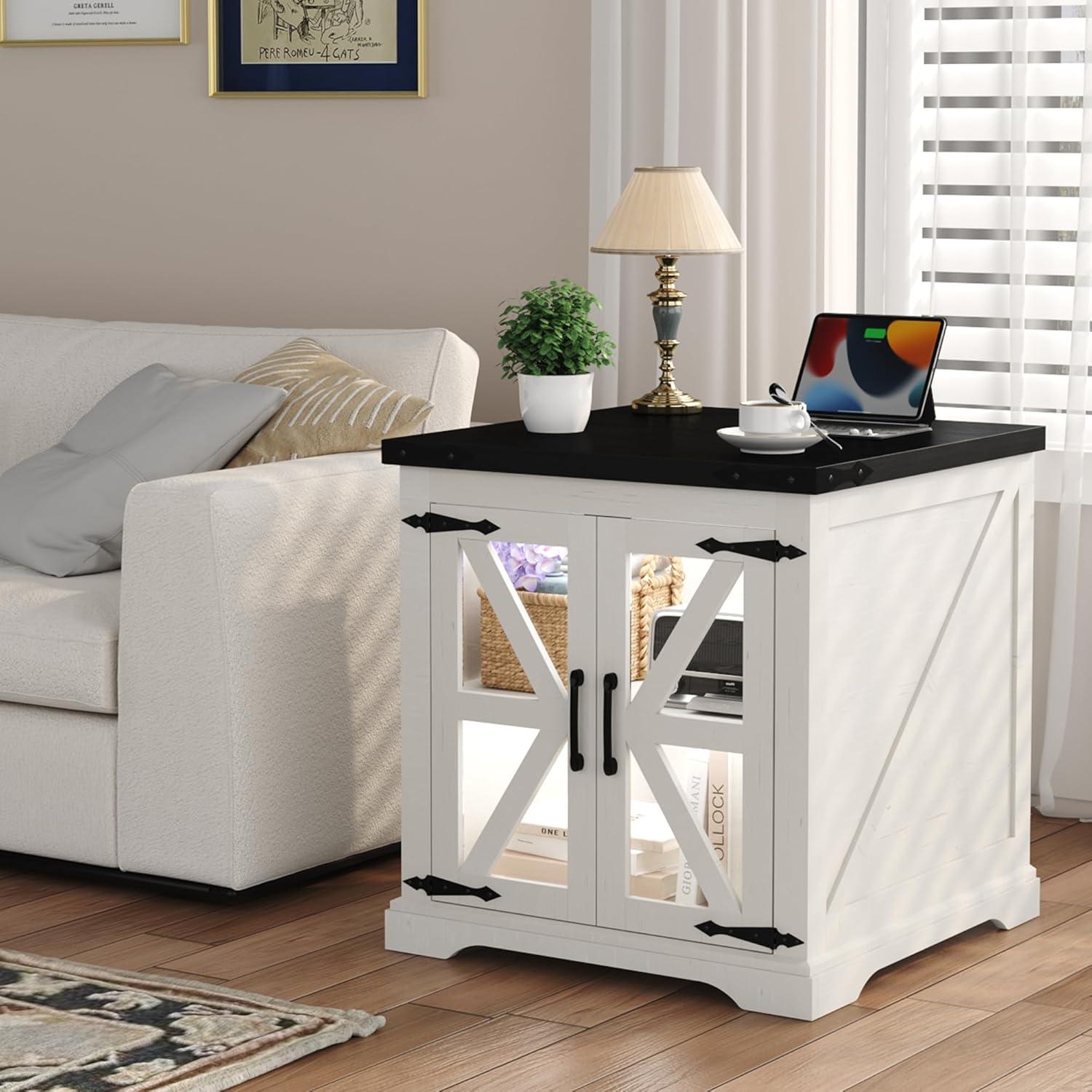 JXQTLINGMU Farmhouse End Table, 24" Large Sofa Side Table with Charging Station, Mesh Barn Door, and Adjustable Storage Shelf, Rustic Wood Square Nightstand for Living Room, Bedroom, Office, White
