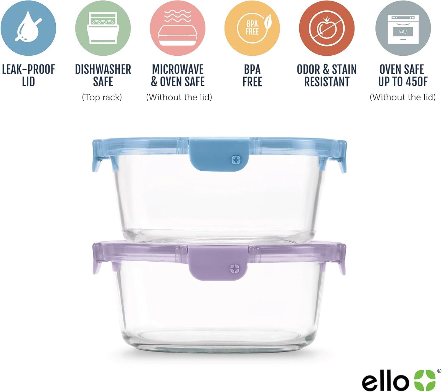 Ello 6pc Glass Condiment Color Lock Food Storage Container Set: Microwave & Oven Safe, Multicolored Lids