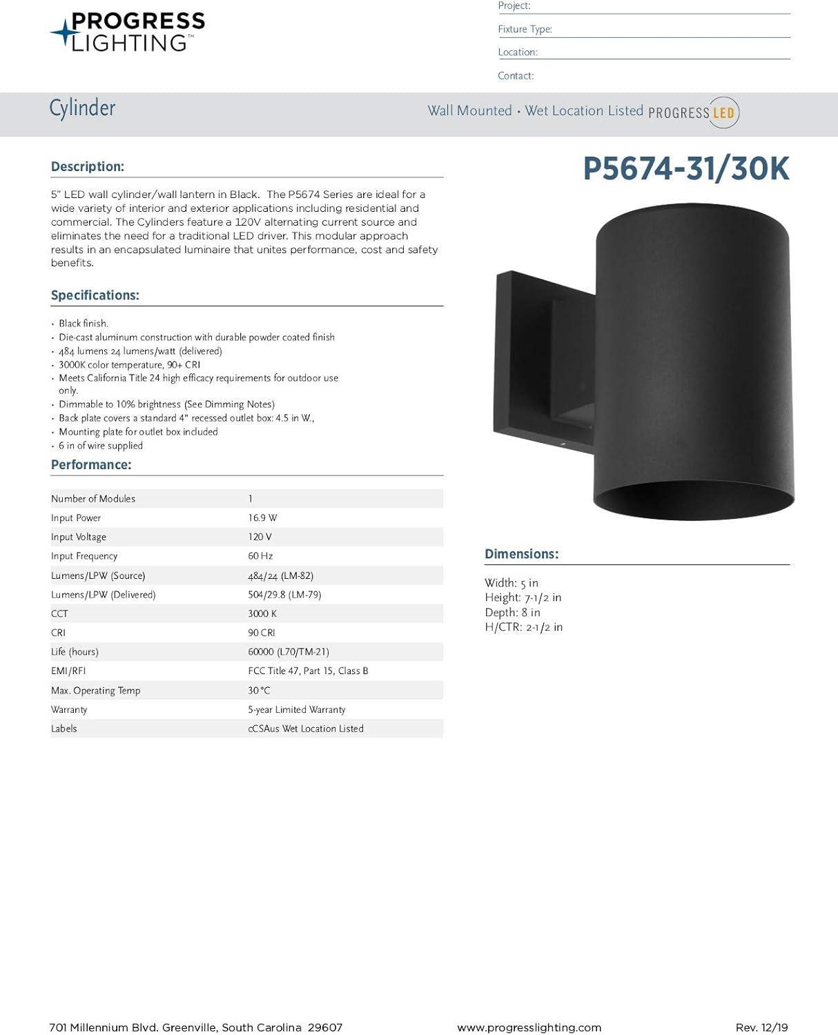 Cylinder Collection 5" Black Outdoor LED Wall Sconce, Dimmable