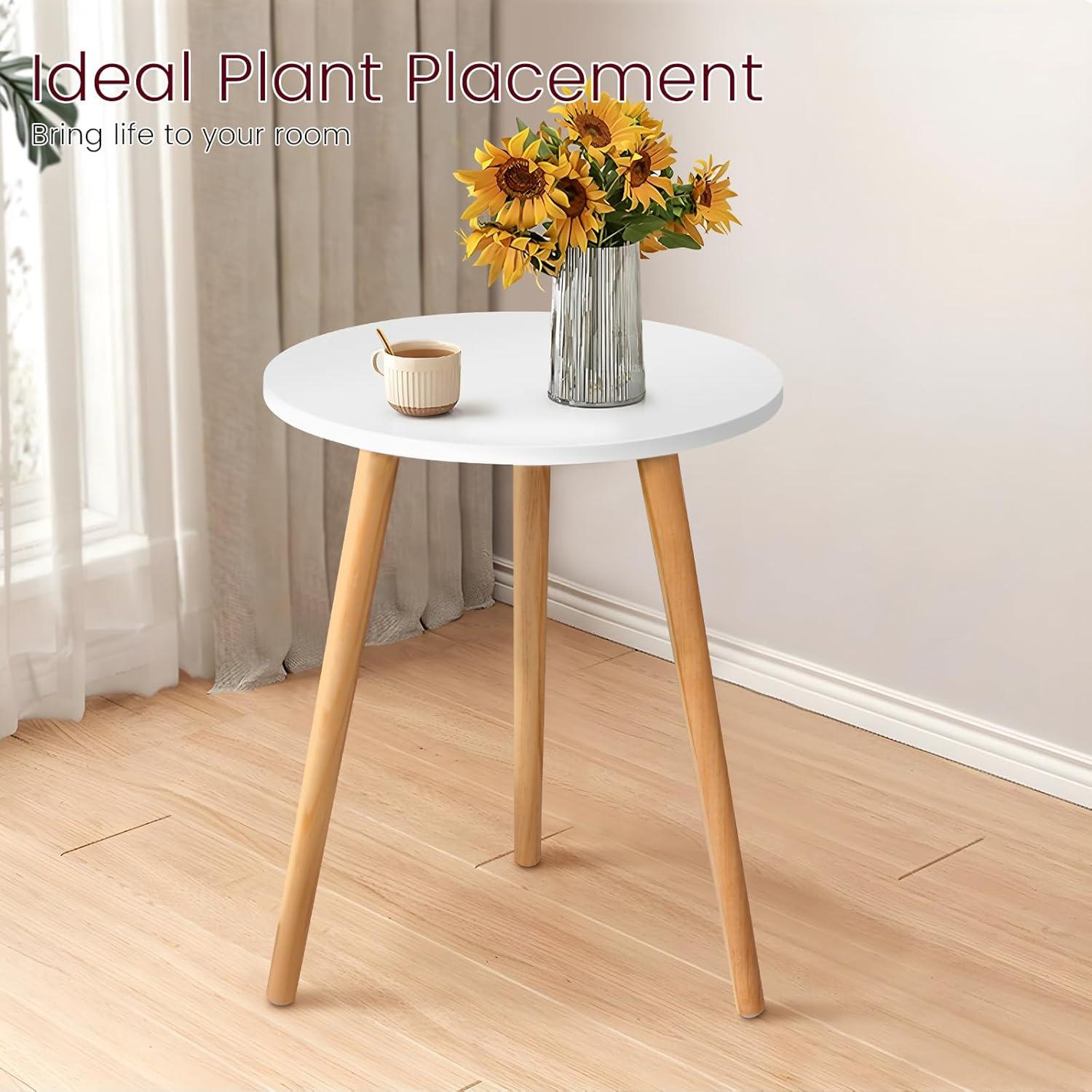 White Round MDF Side Table with Wooden Legs