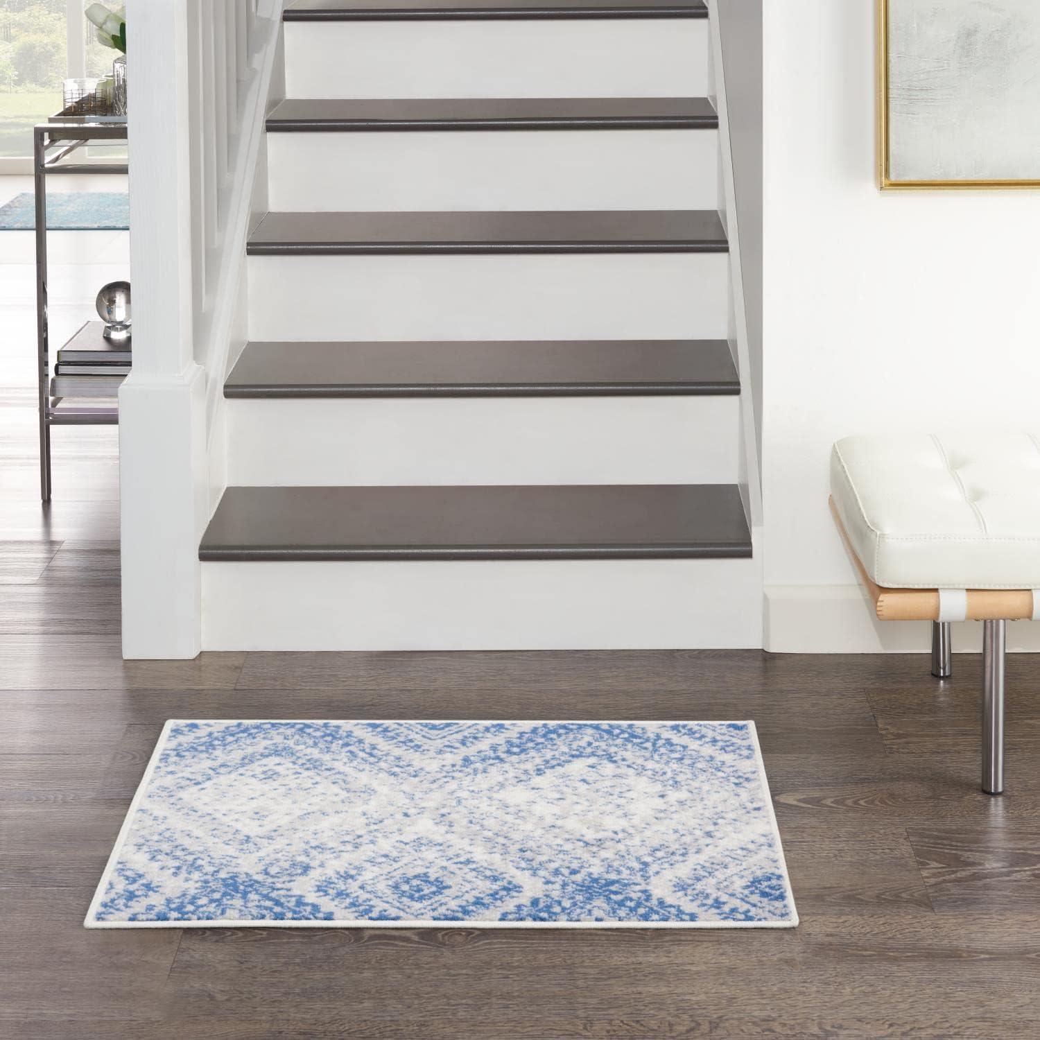 Bohemian Ivory Blue Geometric 2' x 3' Easy-Care Area Rug