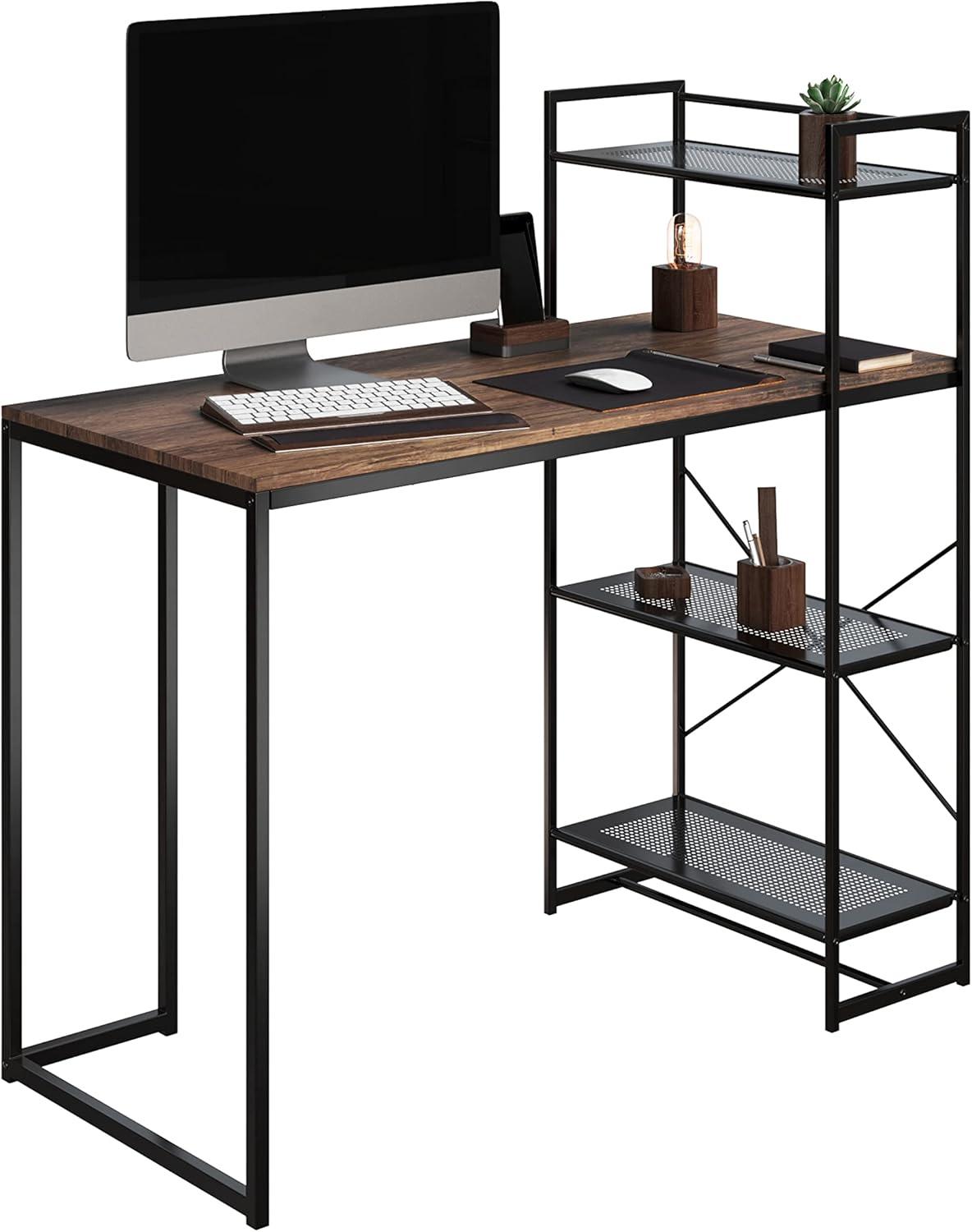 Compact Industrial-Style Black Metal and Wood Computer Desk with Storage