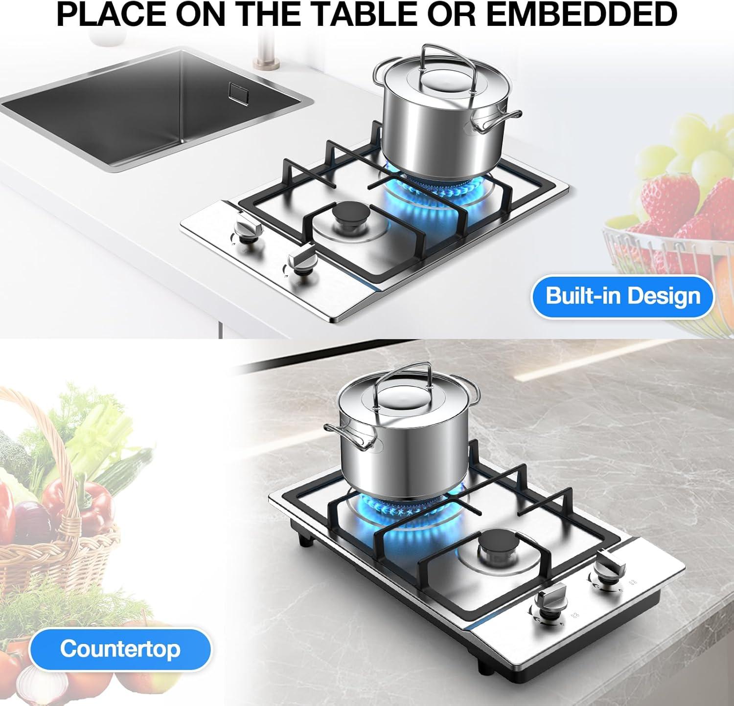 Stainless Steel 2 Burner Propane Gas Cooktop with Ceramic Surface