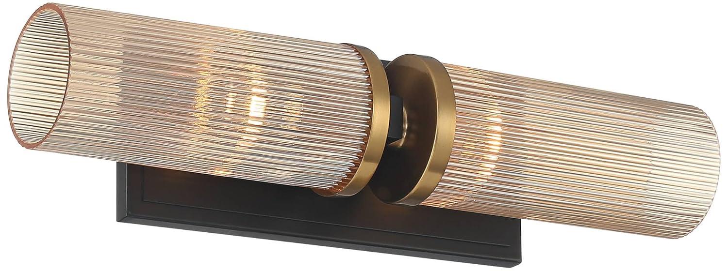 Stiffel Modern Wall Light Sconce Black Brass Hardwired 4 1/4" 2-Light Fixture Ribbed Champagne Glass Shade for Bedroom Bathroom Vanity Living Room