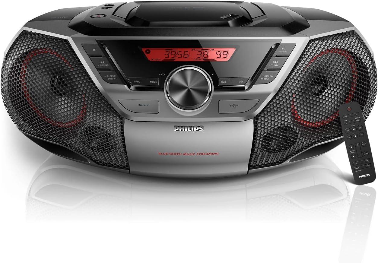 Philips Portable Boombox CD Player Bluetooth FM Radio MP3 Mega Bass Reflex Stereo Sound System with NFC, 12W, USB Input, Headphone Jack, and LCD Display