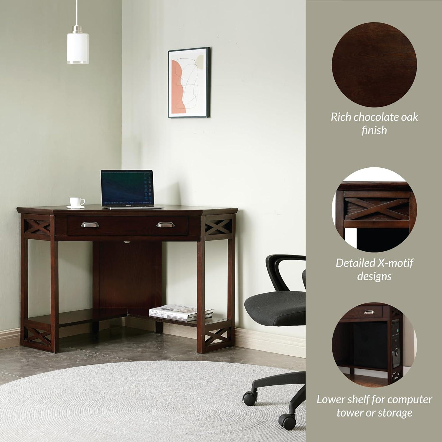Leick Home 81430 Corner Computer/Writing Desk with Drawer and Shelf, Made with Solid Wood, Chocolate Oak