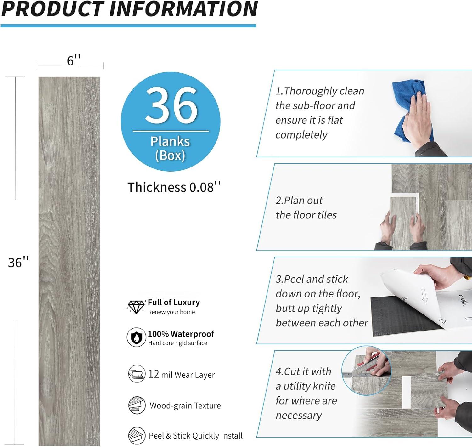 Art3d Peel and Stick Floor Tile Vinyl Wood Plank 36-Pack 54 Sq.Ft, Light Grey, Rigid Surface Hard Core Easy DIY Self-Adhesive Flooring