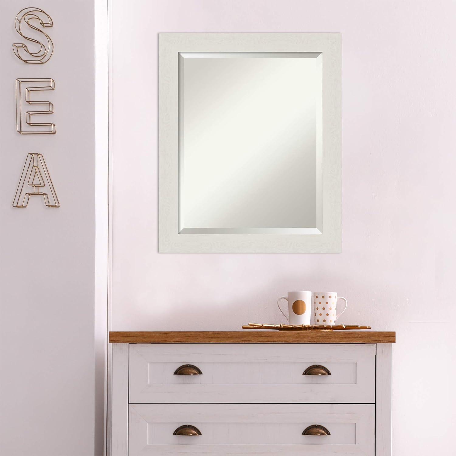 Amanti Art Beveled Bathroom Wall Mirror - Rustic Plank White Narrow Frame Outer Size: 19 x 23 in